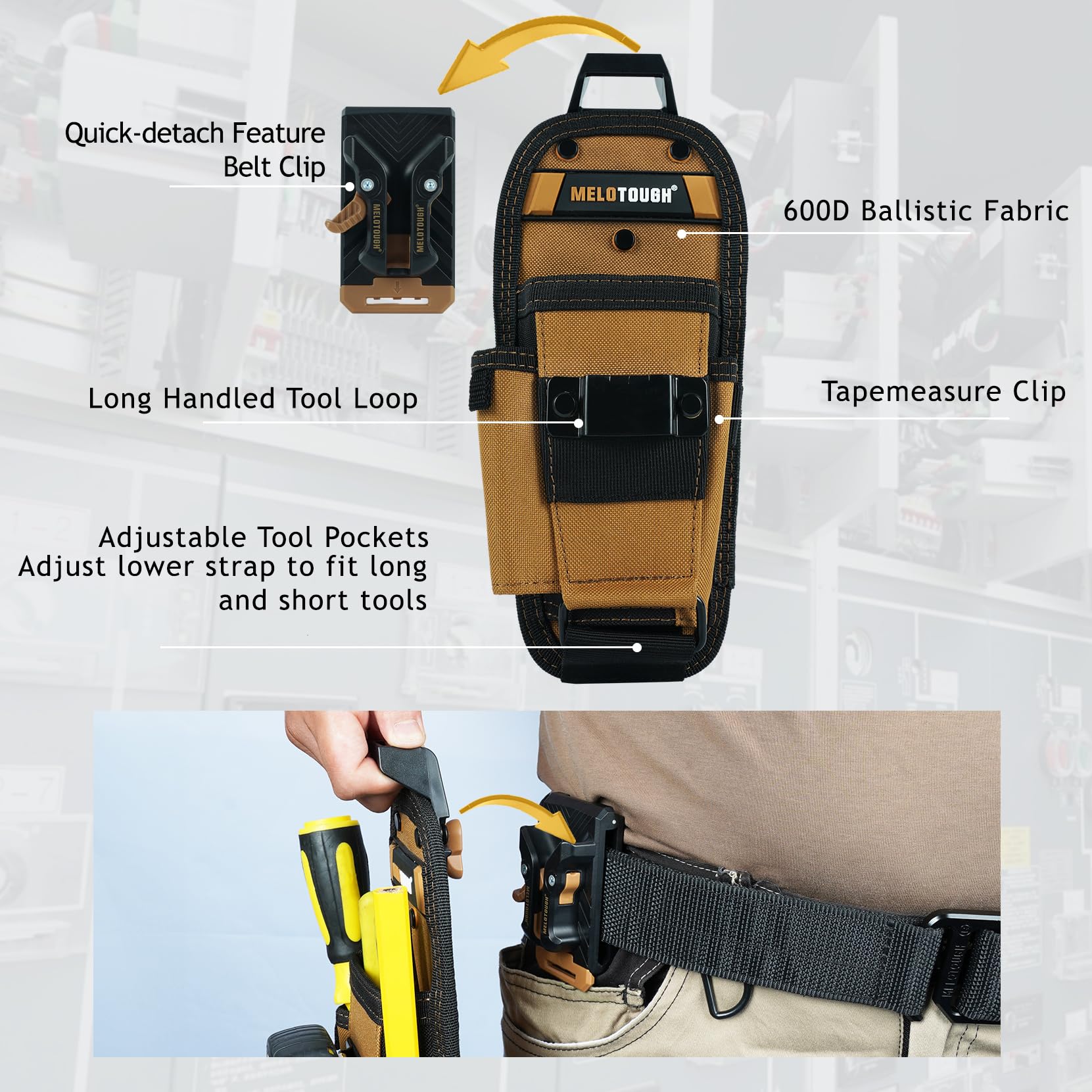MELOTOUGH Piccola custodia per attrezzi con clip da cintura a sgancio rapido, custodia per attrezzi con clip per tapemeasure per elettricisti, mini organizer da lavoro e porta utensili per coltelli