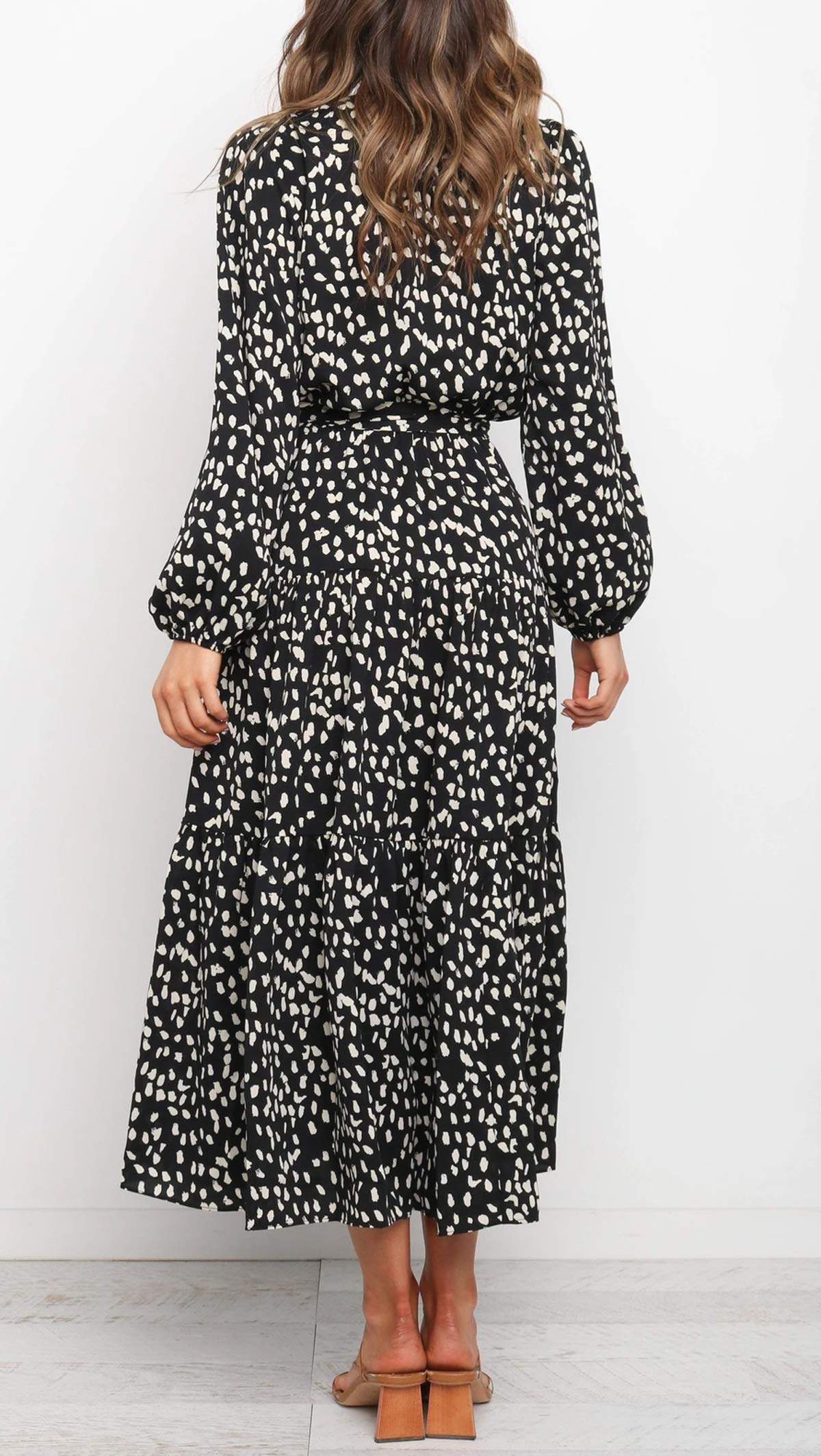 R.Vivimos Women's Fall Long Sleeve Casual Dresses Wrap V Neck Polka Dots Tiered Ruffle Flowy Midi Dress with Belt