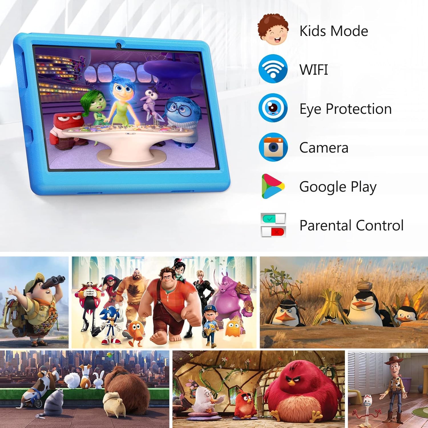 Freeski Tablette Enfants, 10 Pouces Android 13 Tablettes 1280x800 IPS, 5000mAh Quad Core, 6Go+64G0+128Go, WiFi, Bluetooth, Double Caméra Tablette pour Enfant, Blu