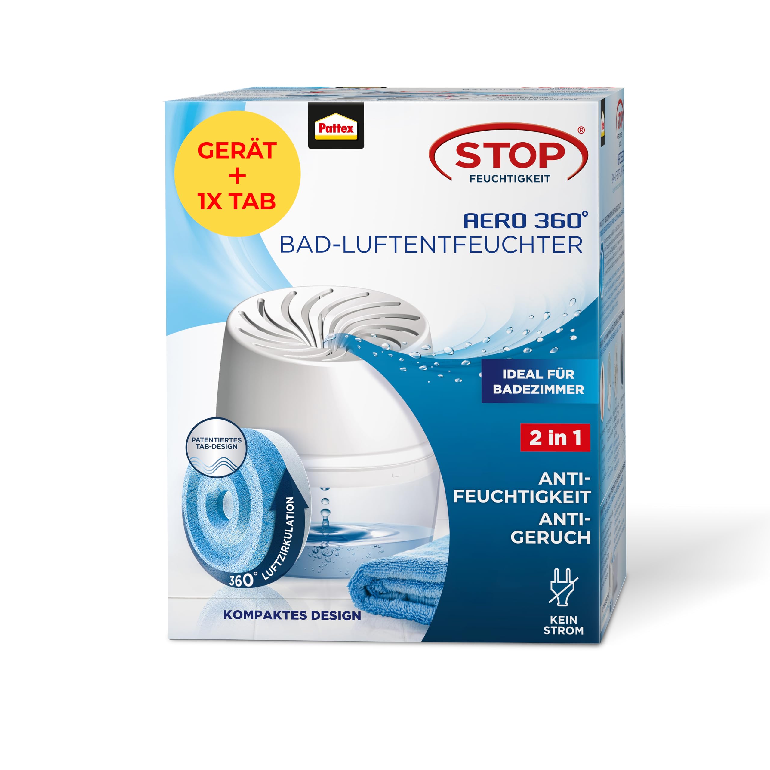 Pattex AERO 360° Luftentfeuchter für das Badezimmer, Raumentfeuchter für effektive Luftzirkulation, Raumluftentfeuchter reduziert überschüssige Feuchtigkeit, 1 Gerät inkl. 1 Nachfüll Tab