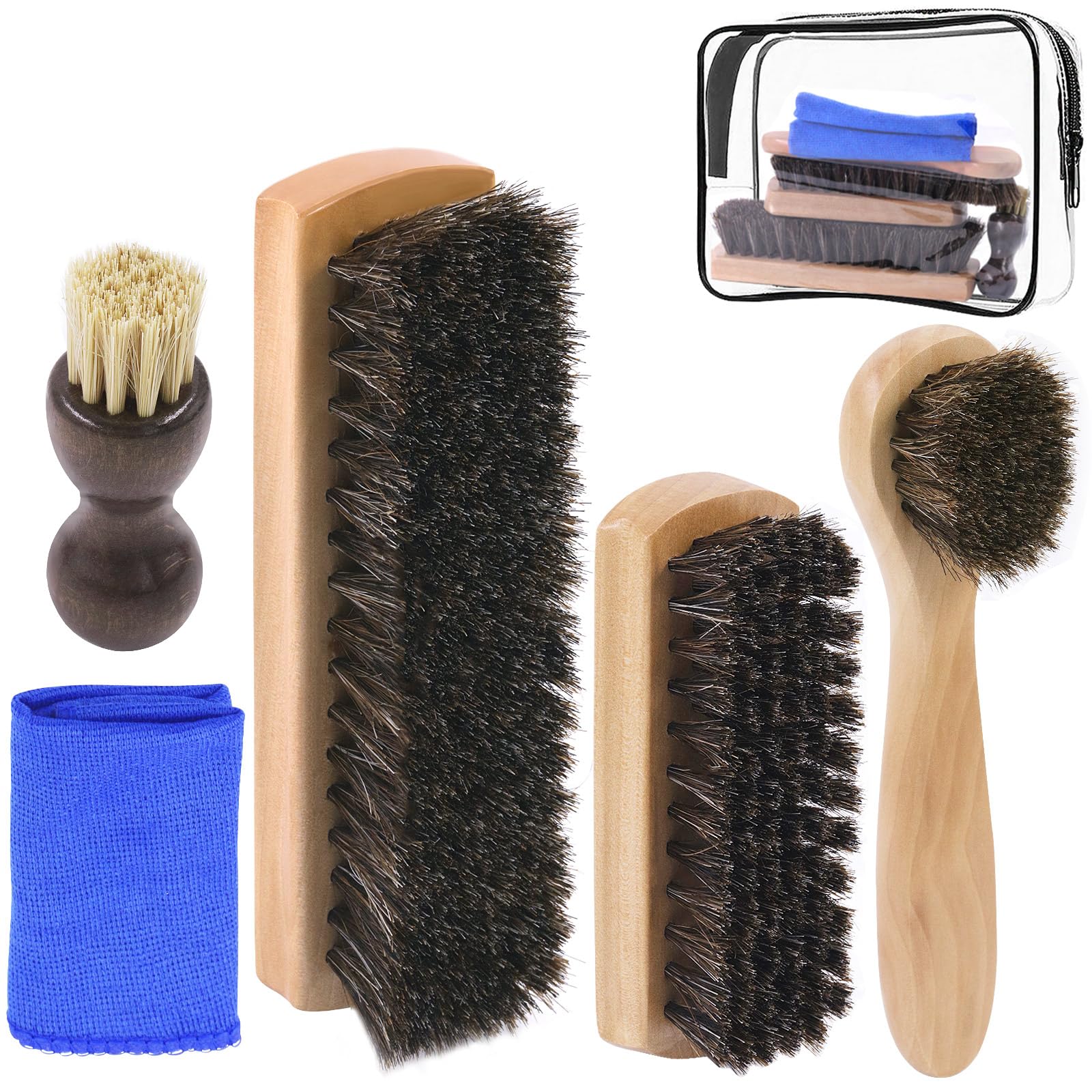 Swpeet Lot de 5 brosses à chaussures en crin de cheval - Brosse de polissage pour chaussures - Brosse de nettoyage pour chaussures en cuir et bottes - Applicateurs de nettoyage pour daim avec chiffon