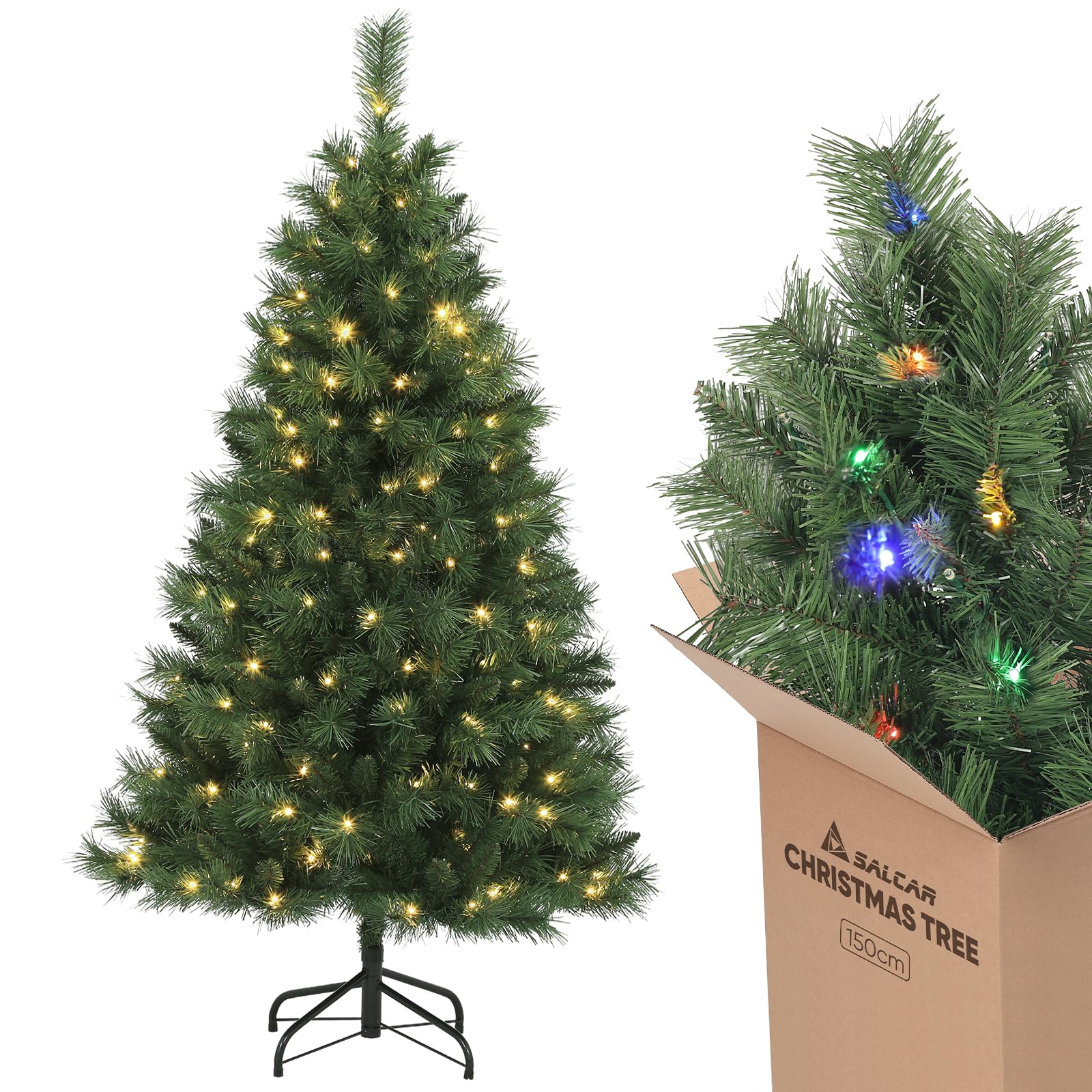 SALCAR 5ft Pre-lit Christmas Tree, Realistic Artificial Christmas Tree with LED String Lights & Remote Control, Xmas Tree with Warm White & Multicolor LED Lights, Quick Setup Christmas Decoration — image 1