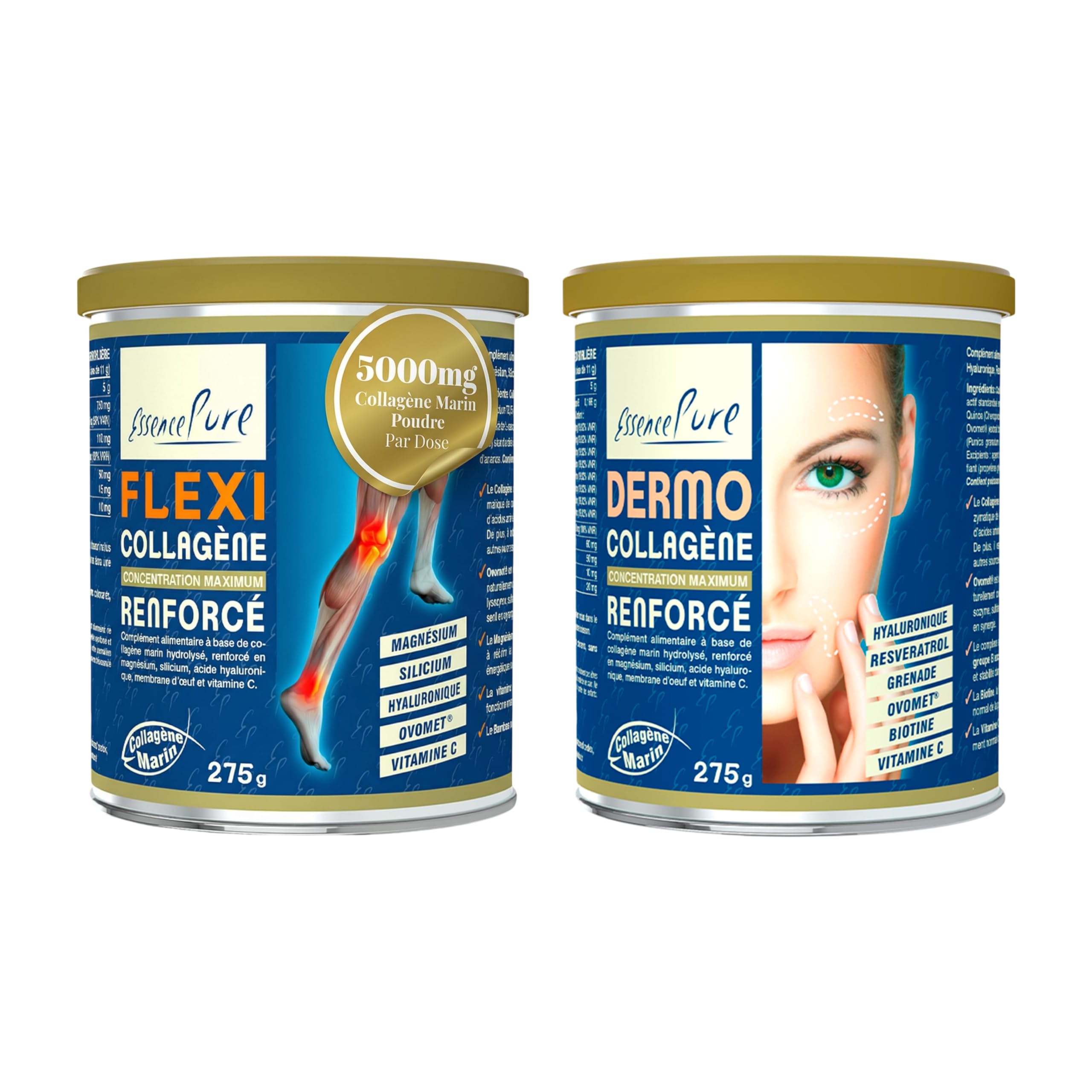 Collagène Marin En Poudre, Bundle Pour Soutien Des Articulations Et De La Peau, Collagène Peptides, Magnésium Et Silicium, Avec Acide Hyaluronique, Resvératrol Et Biotine Pour Élasticité