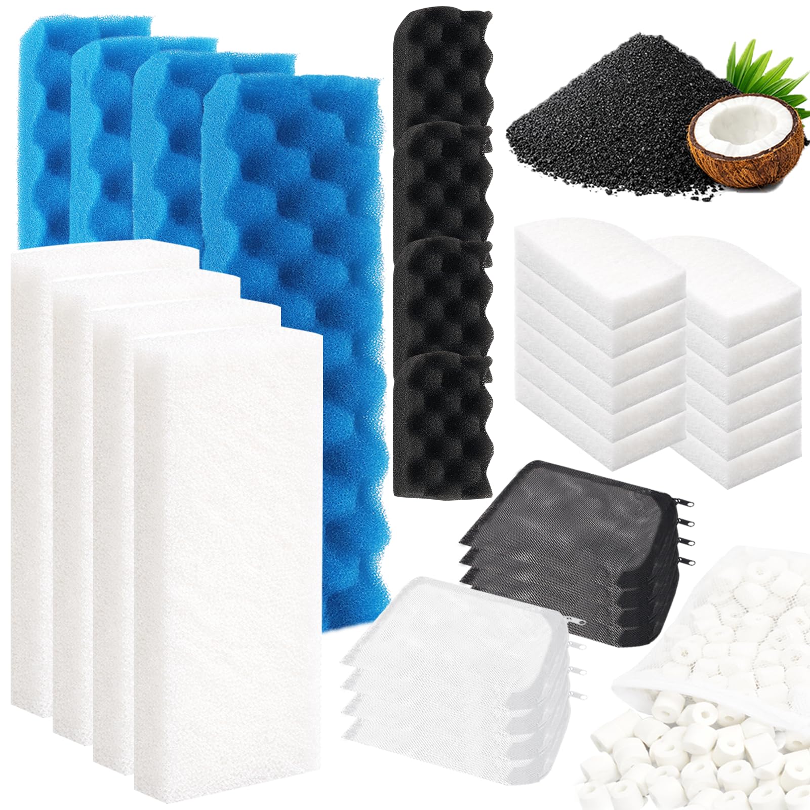 Hedday Média filtrant de rechange compatible avec Fluval 406/407 - 37 pièces de filtre d'aquarium avec mousse éponge biologique, tampons de polissage et médias adsorbants multifonctions pour eau douce