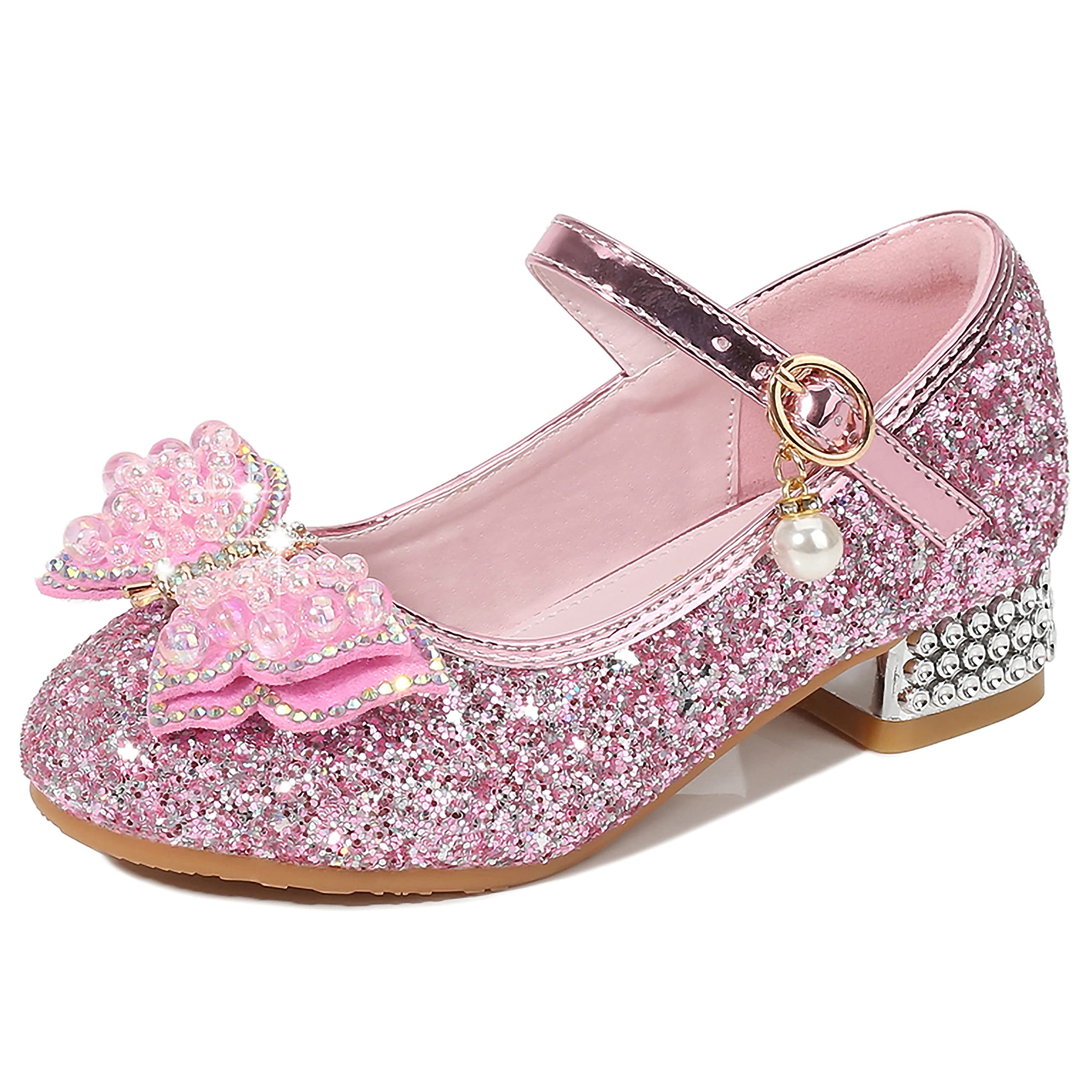 YOSICIL Principessa Scarpe con Tacco da Bambine e Ragazze con Fiocchi Scarpe da Principessa con Paillettes Ragazza Ballerine Glitterate Scarpe Eleganti Partito e Carnevale，Rosa