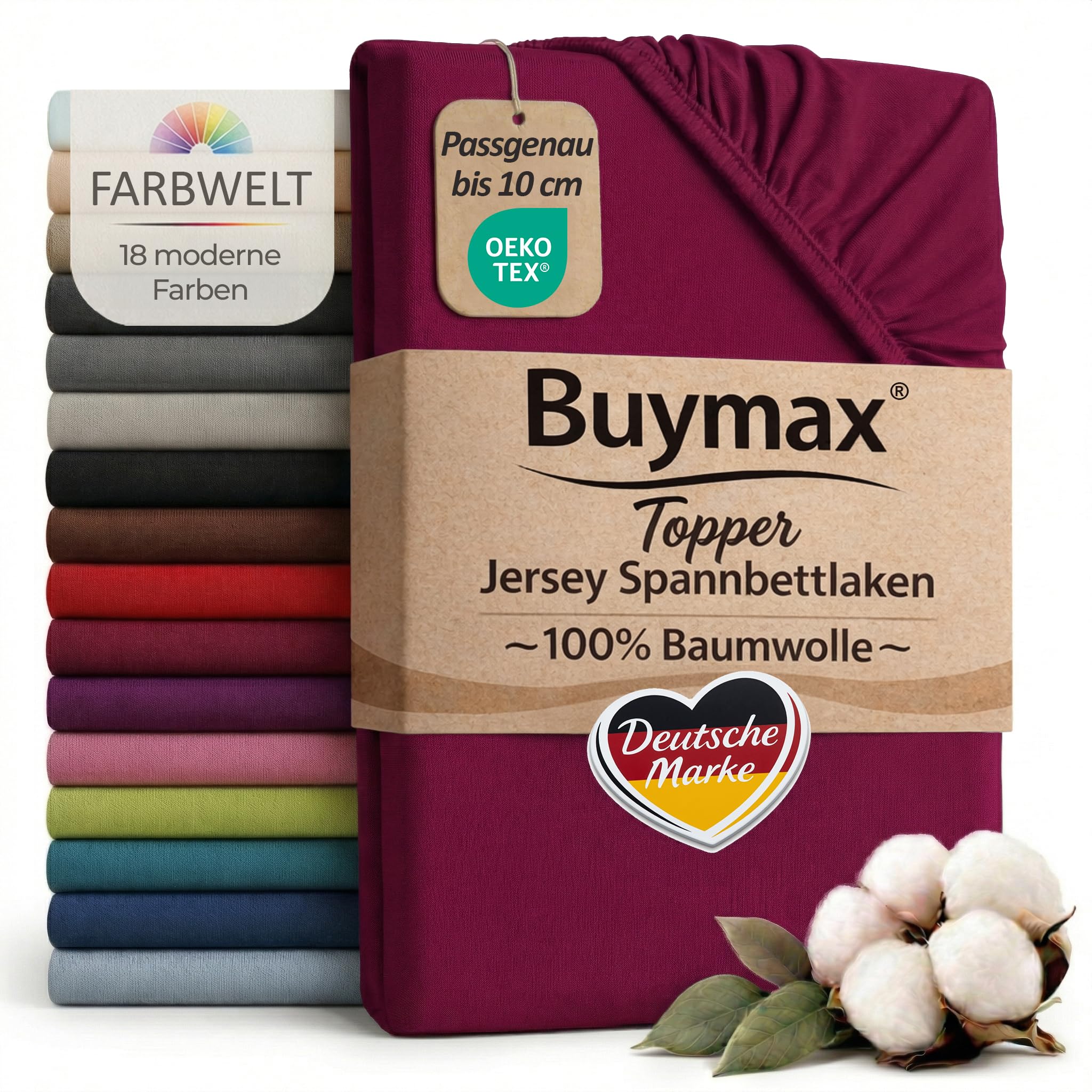 Buymax Jersey Topper Spannbettlaken aus 100% Baumwolle – Spannbetttuch für Topper bis 10 cm Höhe (18 cm Steg), atmungsaktiv, elastisch, Oeko-TEX
