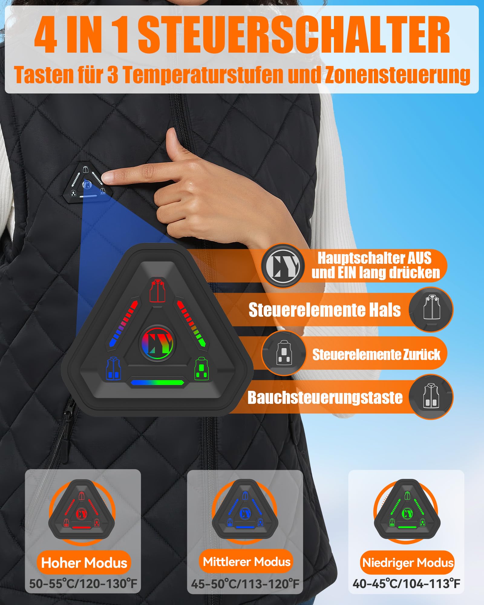 CYCYHEAT Beheizbare Weste Damen und Herren mit 7,4V 10000mAh Akku und 4-in-1 Steuerung – Leichte Wattierte Heizweste mit Verbesserter Carbon-Heiztechnologie für Outdoor & Alltag