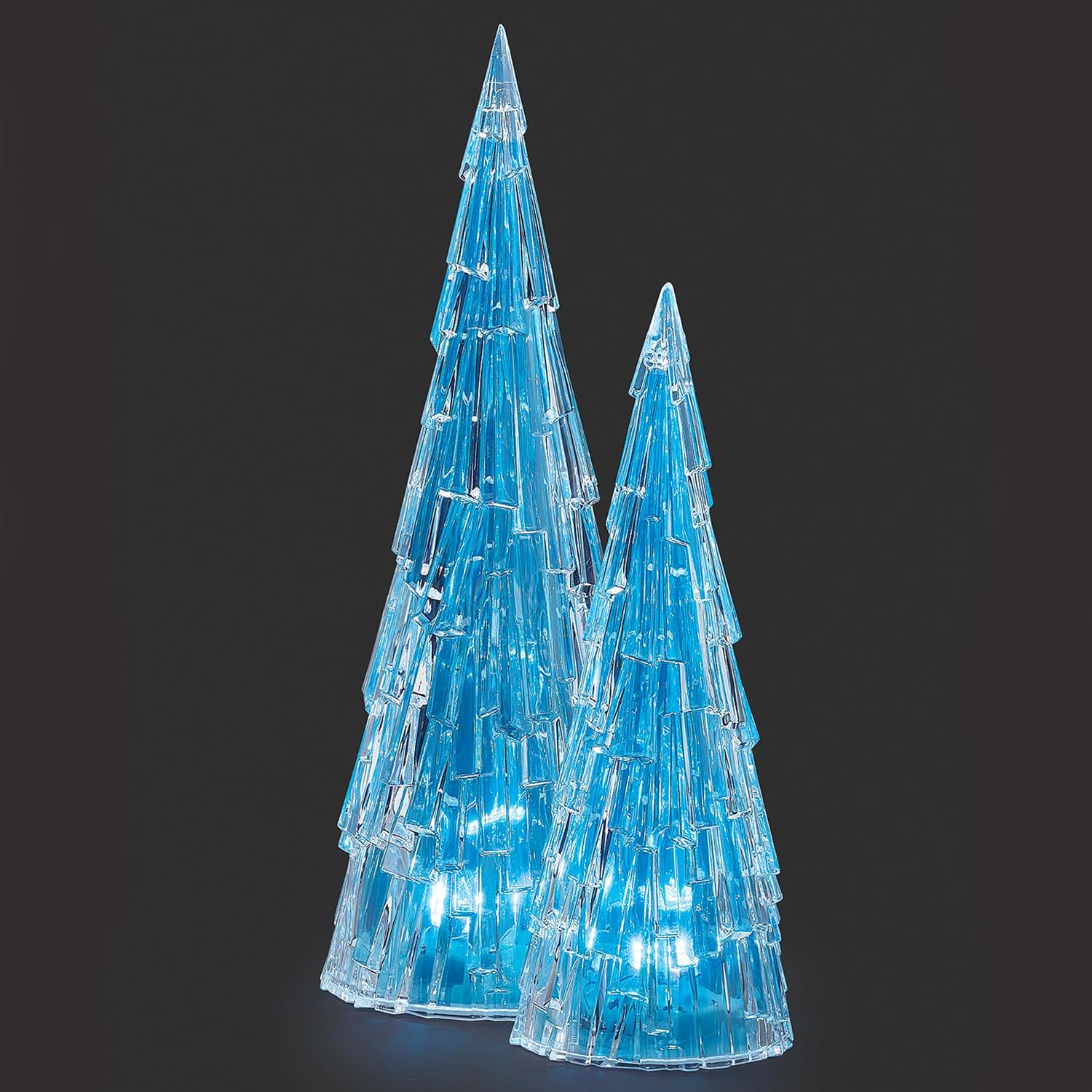 Roman 14" & 18" Lighted ICY Tree Set – Blue LED Acrylic Christmas Trees, Battery Operated Winter Holiday Tabletop Decoration