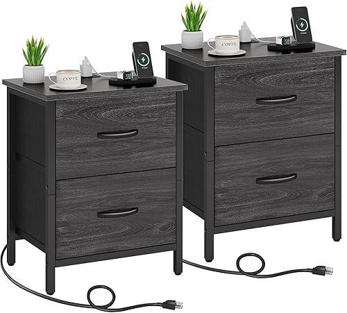 Miniatura 19 de Vagusicc Mesita de noche con estación de carga, mesita de noche con puertos USB y tomacorriente, mesa auxiliar con 2 cajones de tela para paquete de