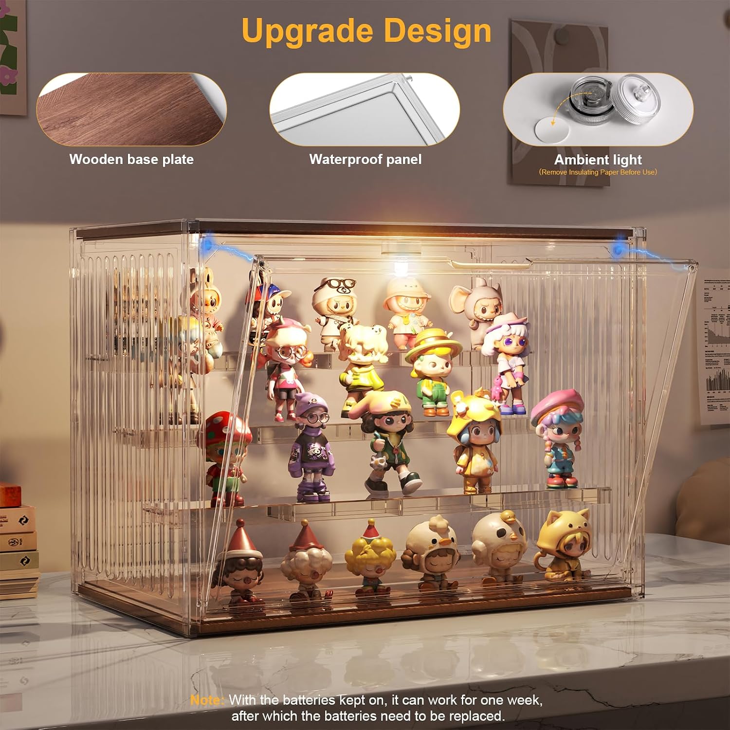 2026 New Acrylic Display Case for Collectibles with Lights , Upgraded Acrylic and Wooden 4 Tiers Figures Display Box with Magnetic Door, 14.2"x 10.65"x 8.6" Showcase Storage Box