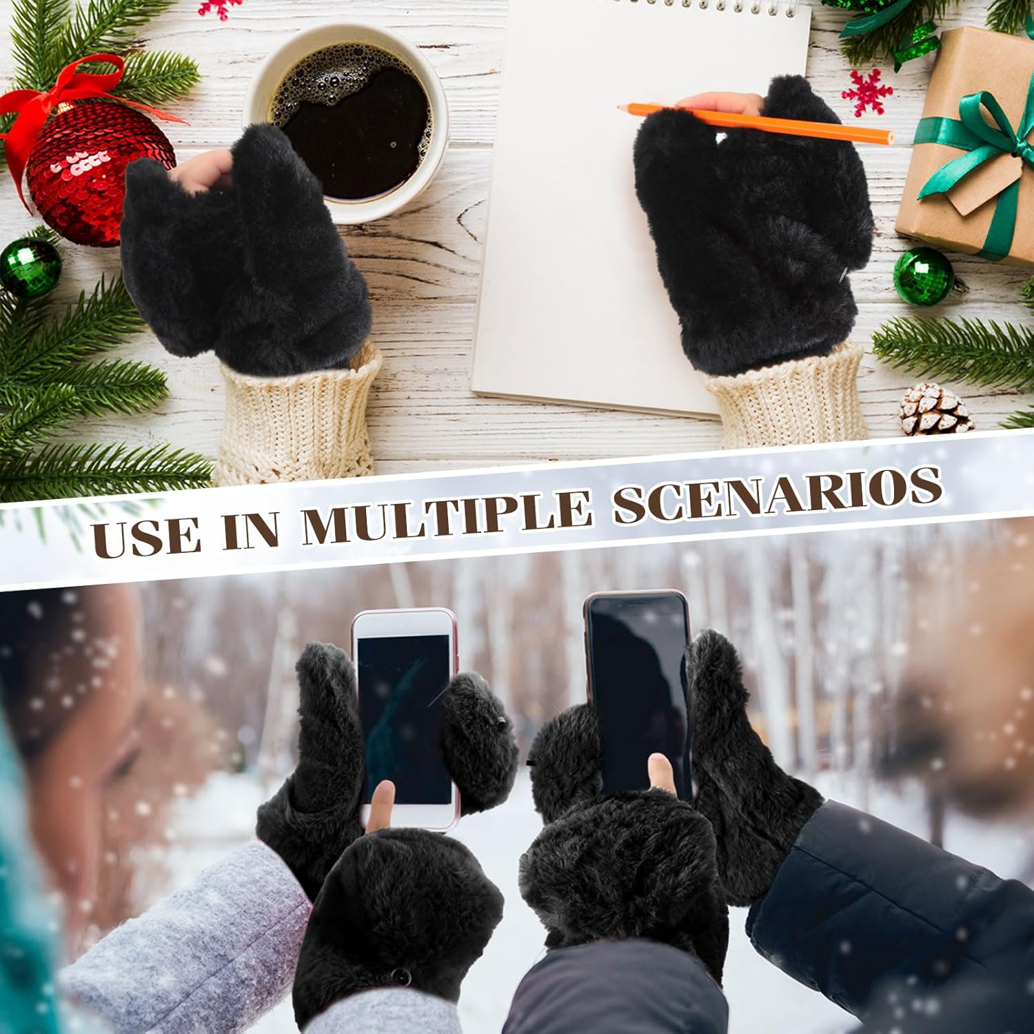 SATINIOR Faux Fur Mittens Fingerless Gloves Convertible Gloves Fluffy Winter Warm Soft Half Finger Fuzzy for Women - Image 7