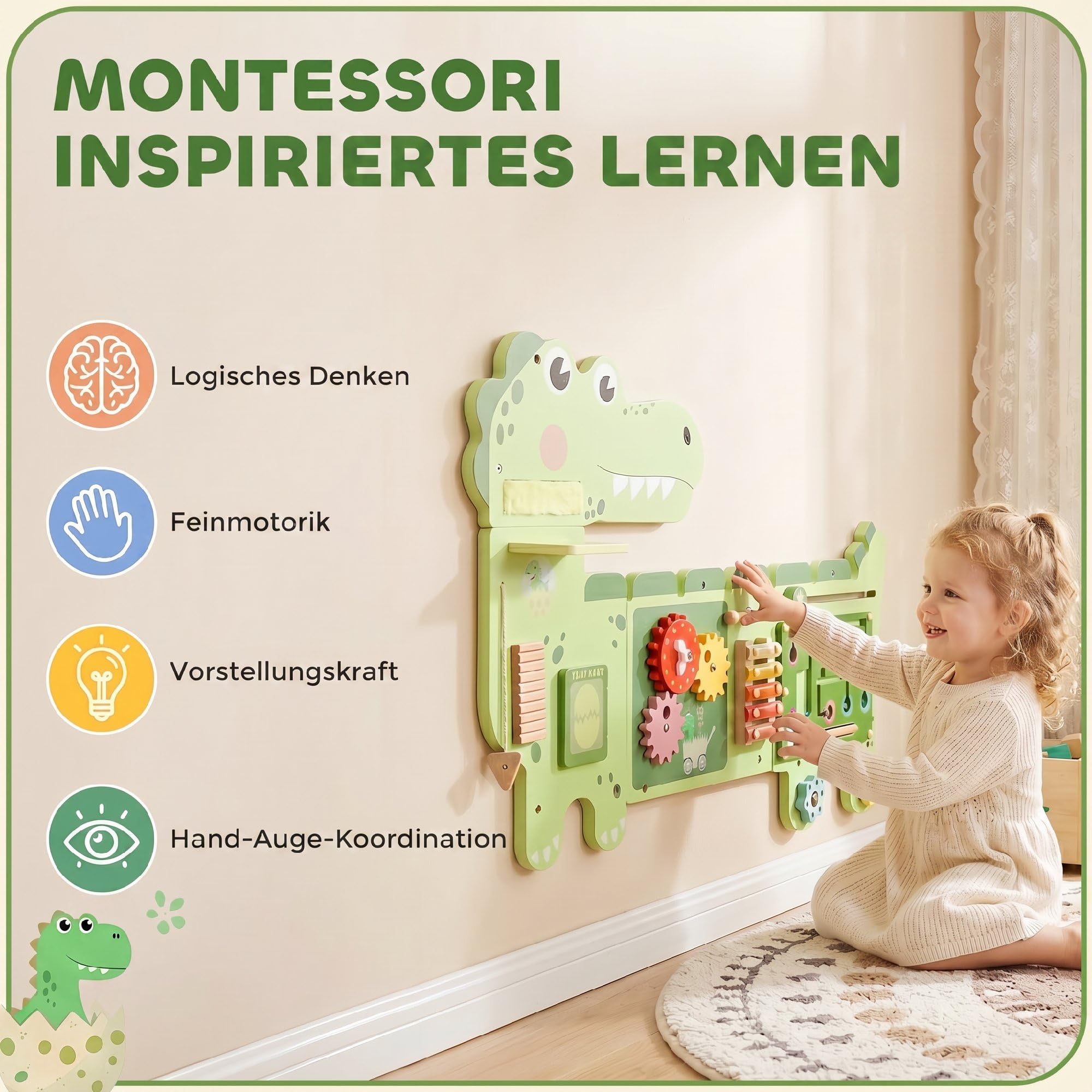 AIYAPLAY Montessori drewniana deska motoryczna, dinozaury, montowana na ścianie, zabawka z zegarem ksylofonowym, zębatkami, prętami dźwiękowymi, zabawka edukacyjna dla dzieci od 2 roku życia