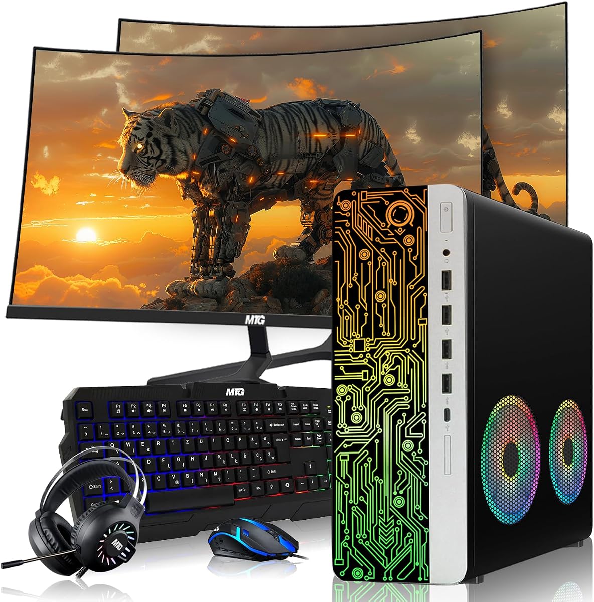 HP Gaming PC, AMD Ryzen 3 Pro, 16GB RAM, 512GB SSD, Win 11 | Desktop Computer, RX 550 Graphics, Dual 32 Inch Curved Monitor, RGB KBM, Headphone, USB WiFi BT (Renewed)