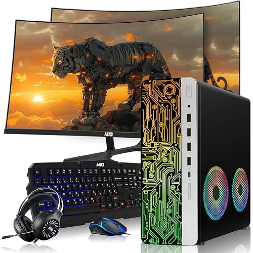 HP Gaming PC Desktop Computer – AMD Pro A10-9700,RX 550 Graphics,16GB RAM,1TB SSD,Dual 32 Inch Curved Monitor,RGB Keyboard with AI Copilot,Mouse,2X ARGB Fan WiFi,RGB Headphone,Windows 11(Renewed)