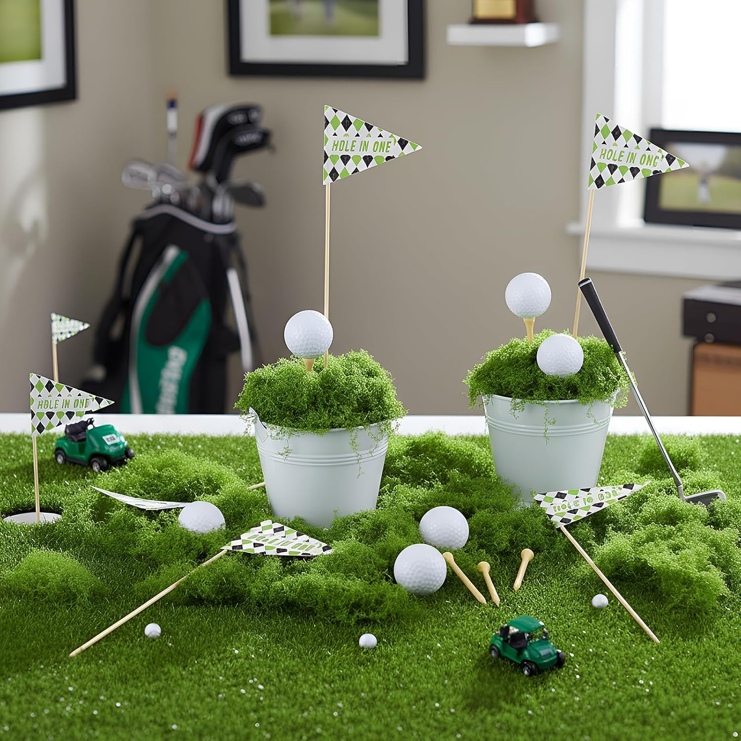 6 Set Golf Party Table Decorations Kit Party Supplies Includes Mini Golf Iron Bucket White Artificial Moss Lawn Flag Centerpiece Wooden Peg for Birthday Sport Themed Desk Rugby Favor(Round)