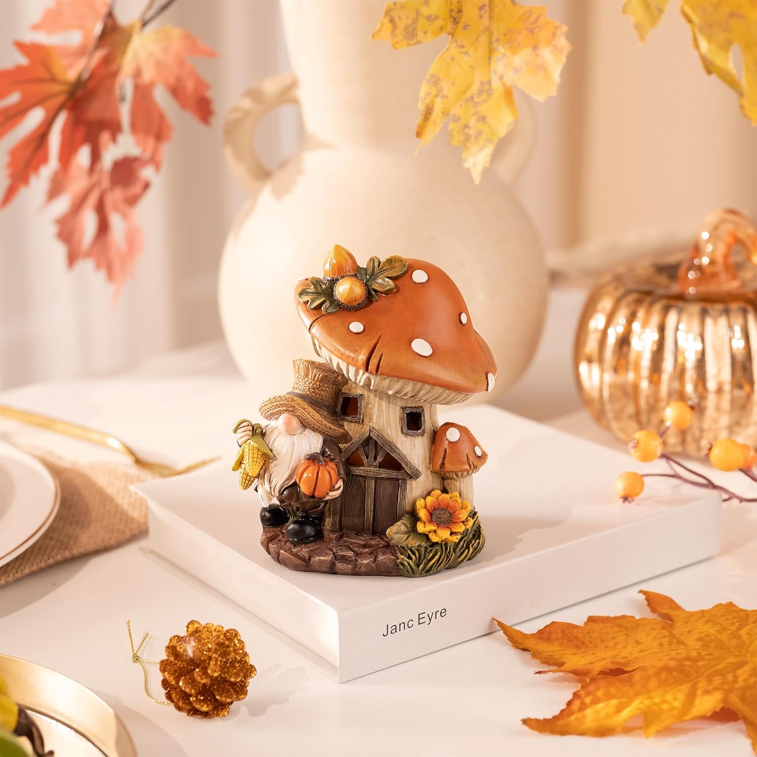 Valery Madelyn Fall Decorations for Home, Fall Gnomes Decor for Table Indoor Outdoor with Light, Resin Thanksgiving Decorations Garden Pumpkins Figurines for Autumn Harvest Tiered Tray