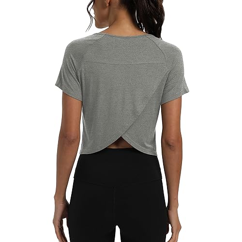 Mippo Workout Tops for Women Cropped Split Back Athletic Gym Exercise Shirts Loose Fit