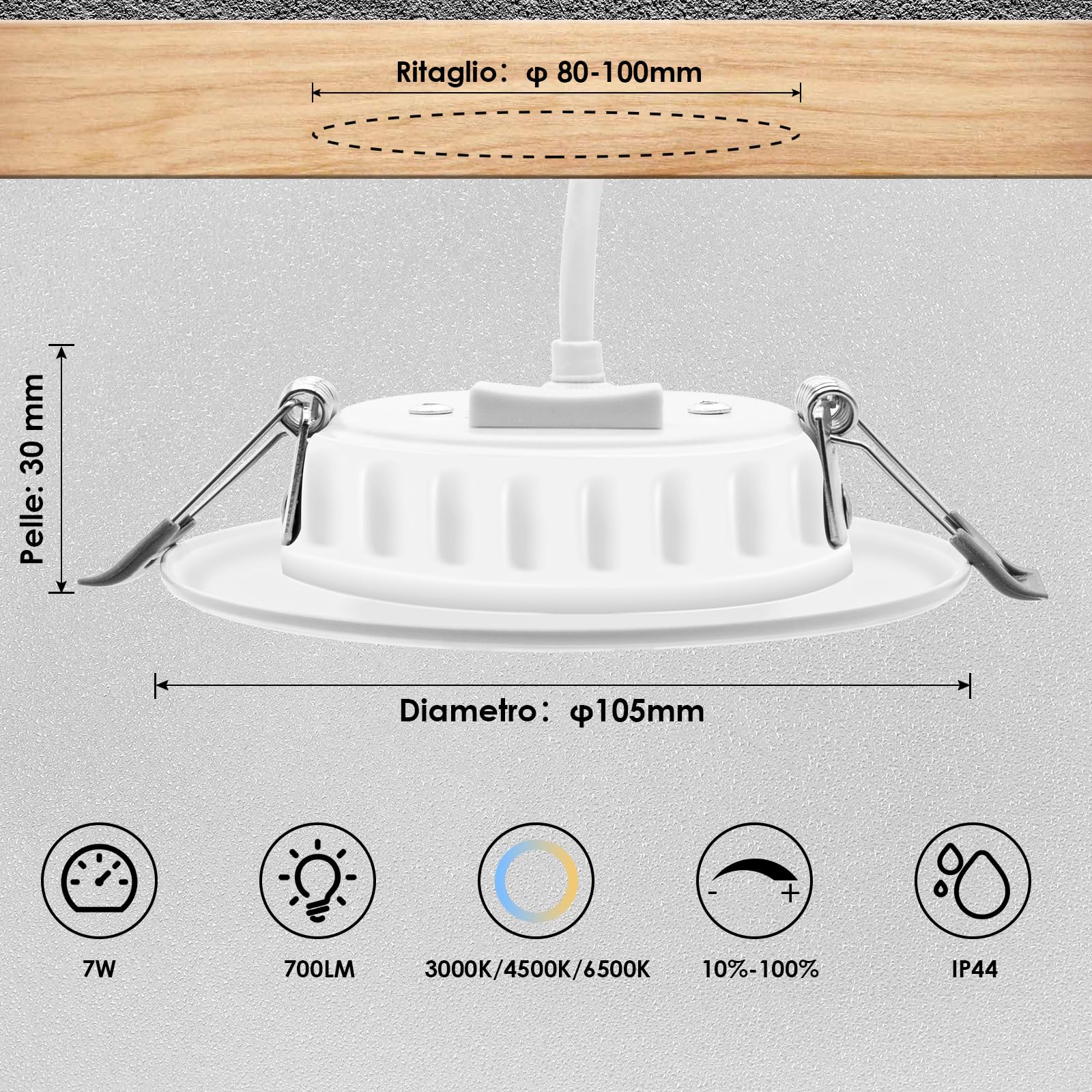 Faretti da incasso LED dimmerabili, 230 V 3000 K-6500 K Faretti da incasso ultrapiatti in alluminio, 7 W 700 LM luci spot, Ø di incasso 80-100 mm Faretti LED - Set da 6