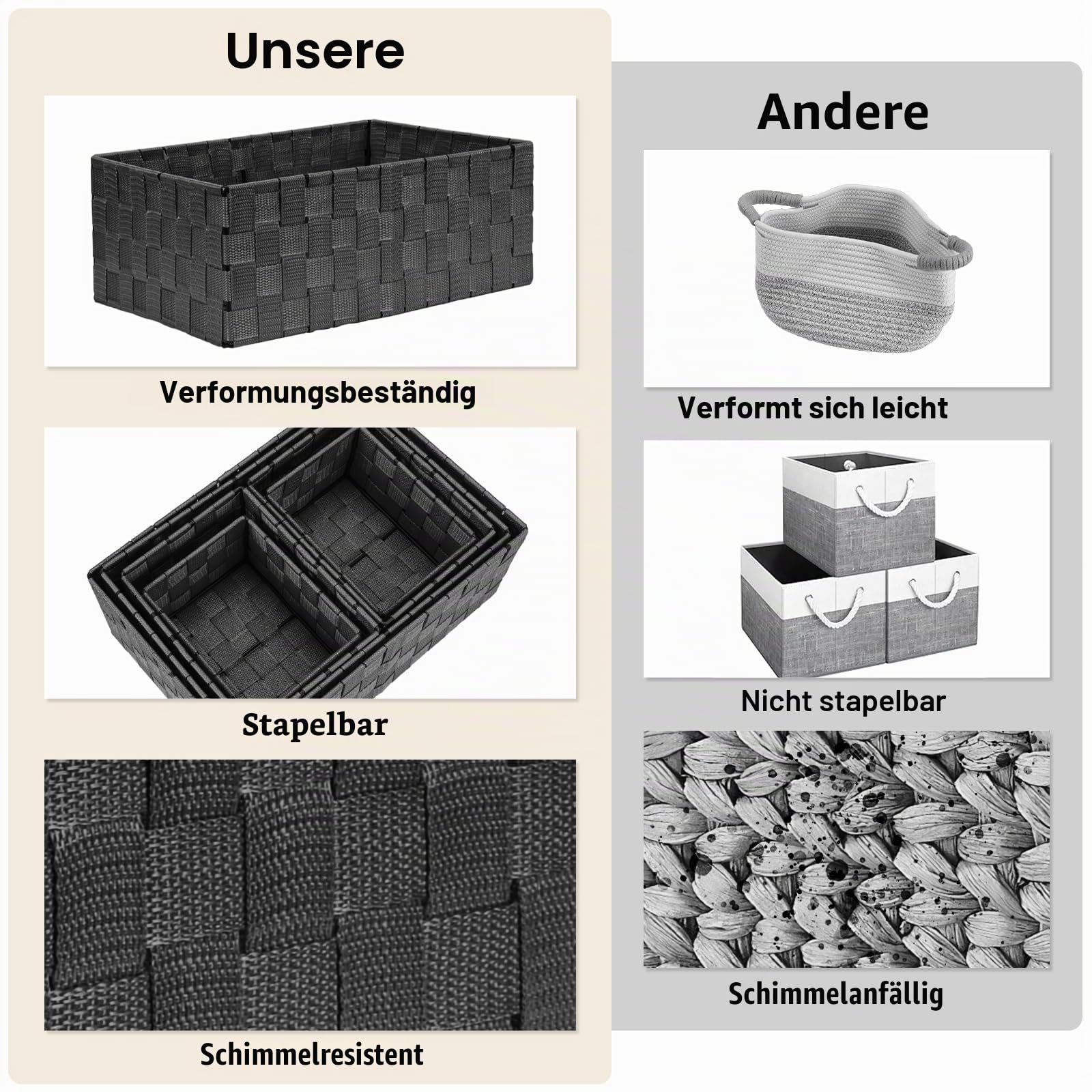 Uvellgift Aufbewahrungskorb 34,4cm, 6er-Set Stapelbare Mehrzweck-Korb Aufbewahrung, Körbe Aufbewahrung zum Aufbewahrung und Organisieren von Badzimmer/Küche/Zimmer/Handtücher (Schwarz)