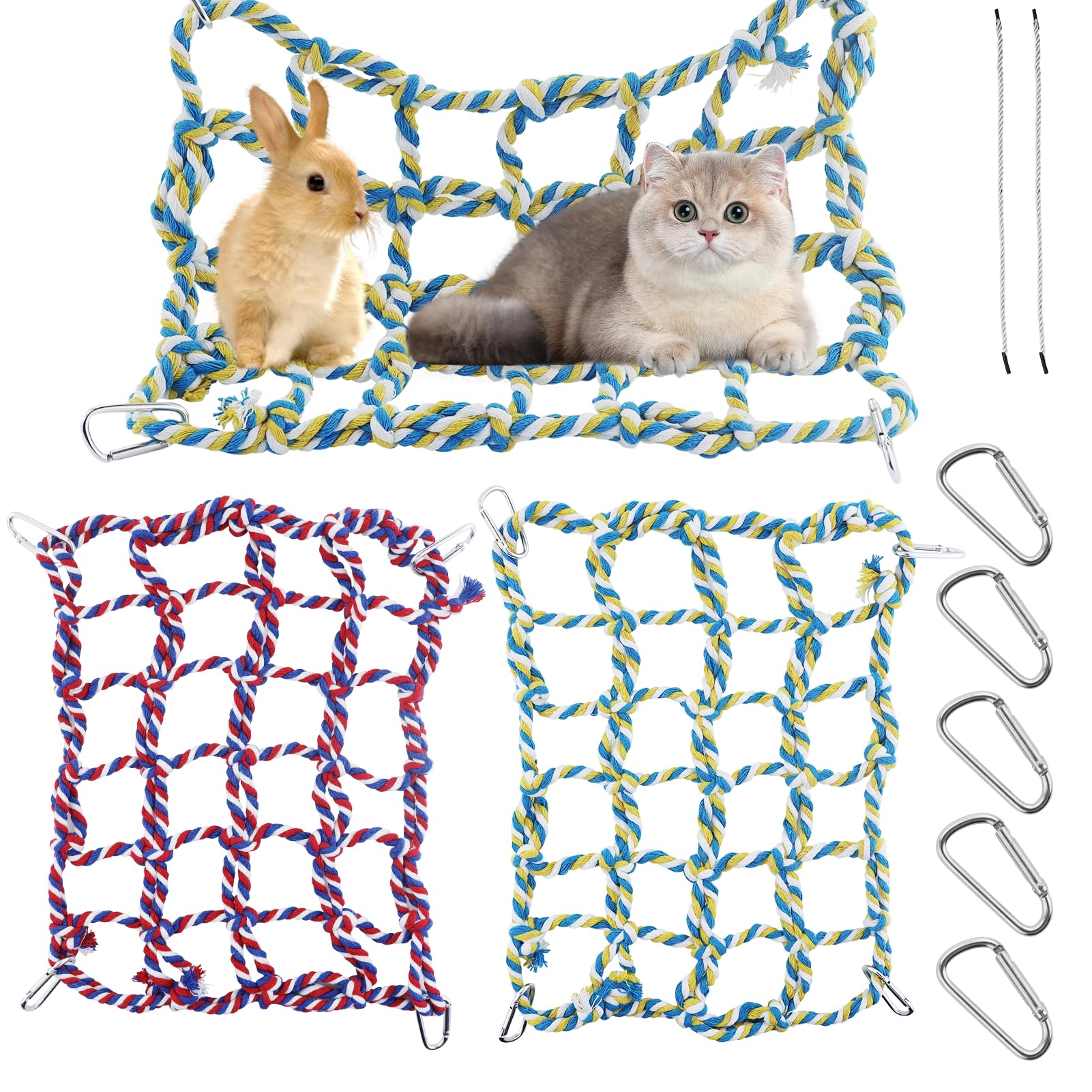 Buntes Rattenkäfig-Zubehör mit 8 Slackline, gewebtes Kletternetz, Haustier-Hängematte, Netz, Spielzeug, Hängemattennetz mit 4 Haken, Kleintierbedarf, Seilleiter für Papageien, Vögel, Hamster,
