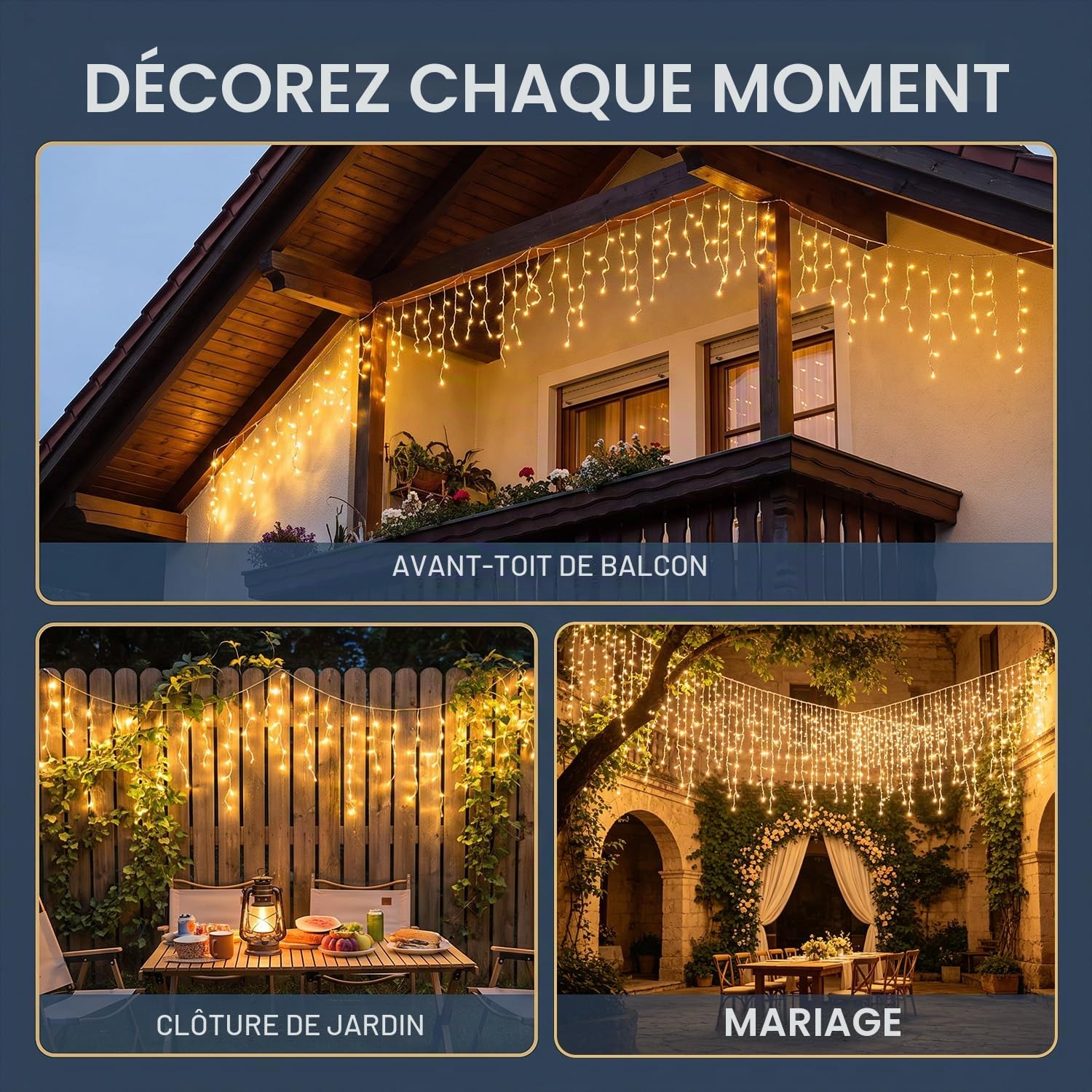 Guirlande lumineuse à LED Pluie de glace extérieur 15m | 600 Leds Blanc Chaud Guirlande lumineuse de Noël d'extérieur avec 8 modes, Timer, IP44 pour Noël, Avant-toits, jardins