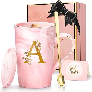 Personalized Marble Ceramic Mug Gifts for Women, 14 Oz Pink Initial Customized Gift Coffee Cup with Lid, Christmas Mothers Day Birthday Gifts for Wife Her Mom Grandma Friend Sister Unique,A