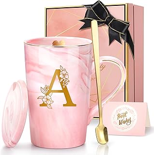 Personalized Marble Ceramic Mug Gifts for Women, 14 Oz Pink Initial Customized Gift Coffee Cup with Lid, Birthday Christmas Mother's Day Gifts for Her Wife Mom Grandma Friend Sister Unique,A