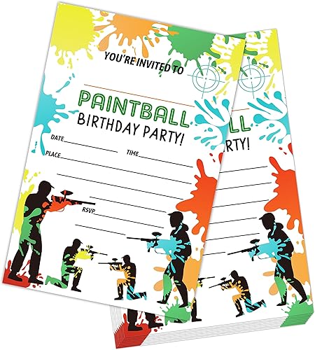 Paintball - Tarjetas de invitación para fiesta de cumpleaños, 20 invitaciones de doble cara con sobres, suministros blancos de fiesta de batalla