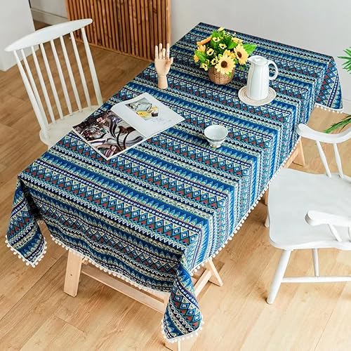 Miniatura 2 de YUURAIN VUVU - Mantel rectangular de algodón bohemio azul bohemio, con pompones cosidos para cocina, comedor, mesa, decoración, fiesta de té, bodas,