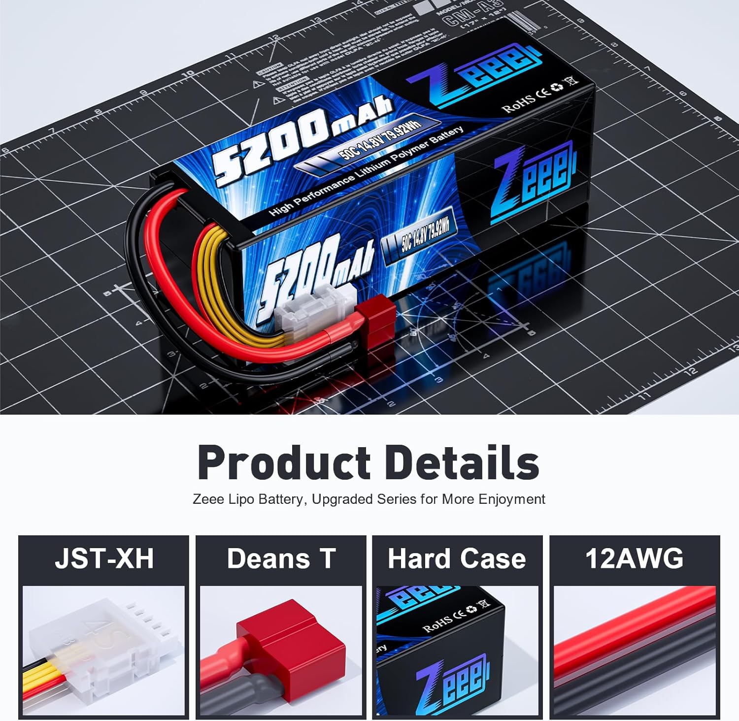 Zeee 4S Lipo Battery 5200mAh 14.8V 50C Hard Case RC Battery T Plug Compatible with RC Car RC Buggy Truggy Crawler Monster Boat Truck RC Model