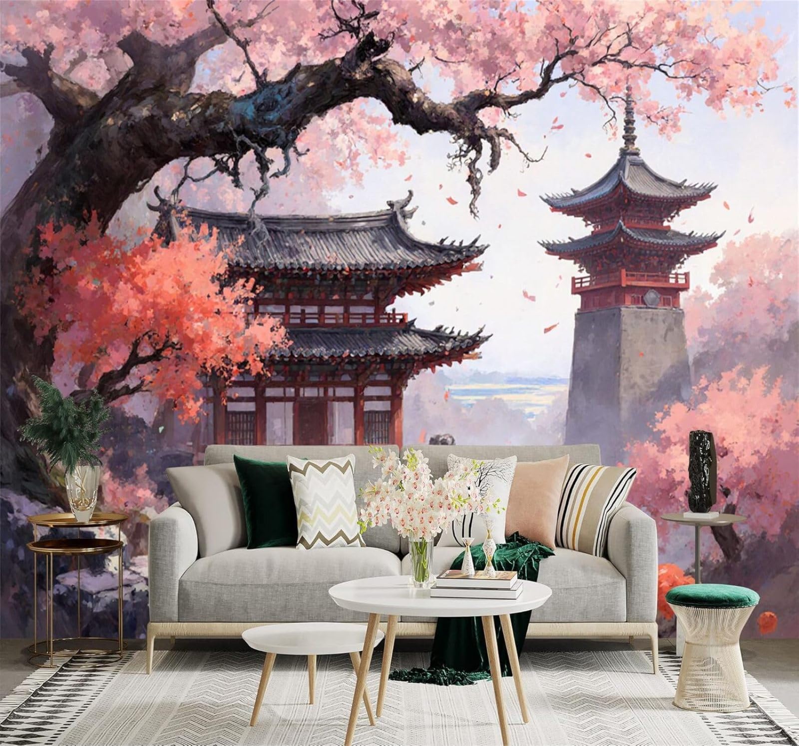 XLMING Hand Painted Watercolour Cherry Blossoms Trees Architecture 3D Wallpaper Premium Textured Silk Study Dining Living Room Bedroom Sofa TV Wall Easy Install-300cm×210cm