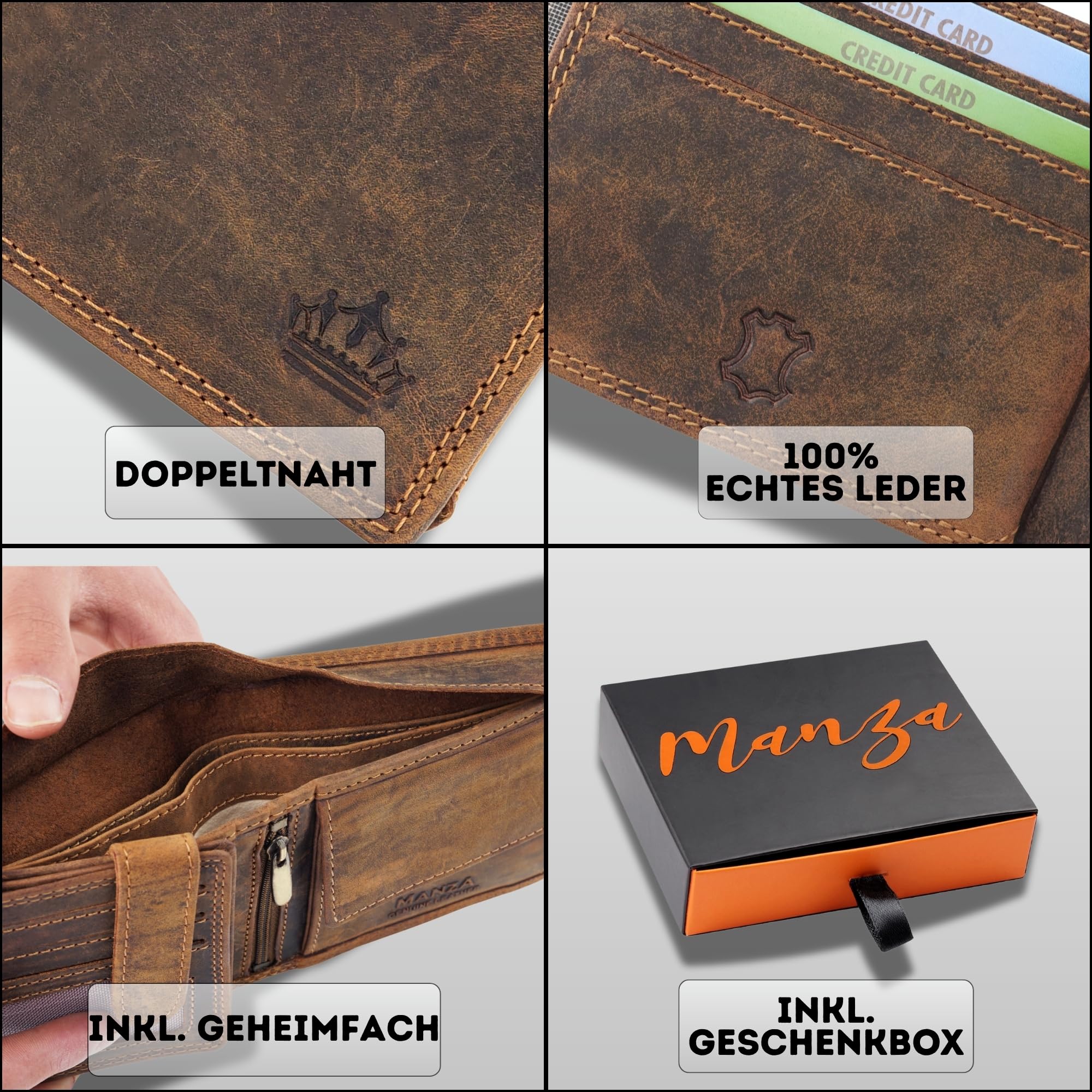 Manza Cartera de piel para hombre con protección RFID y compartimento secreto, monedero de piel auténtica para hombres con caja de regalo, doble costura extraestable, formato horizontal, marrón, 12 x