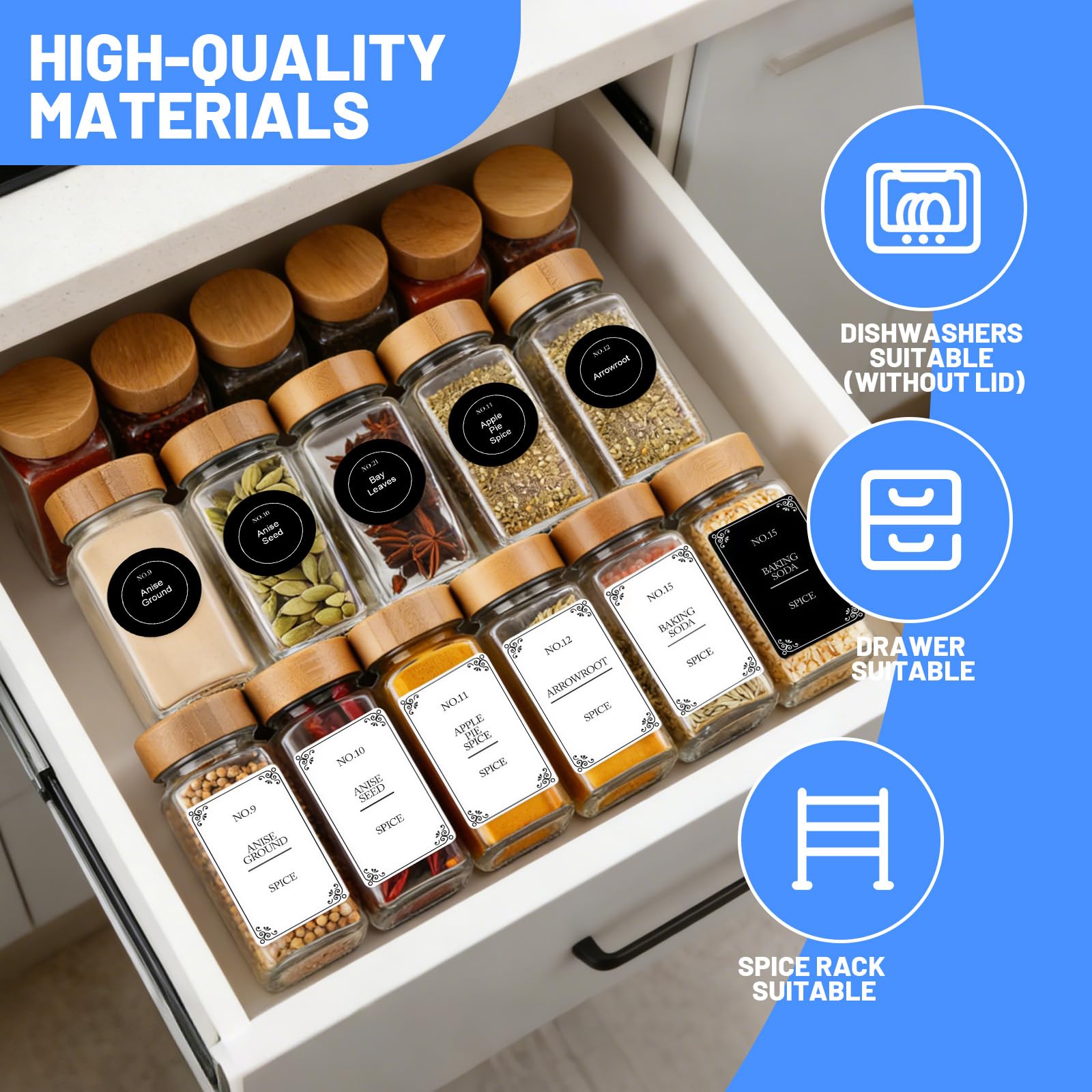 24 Pot à Épices en Verre de 120 ml avec Couvercles, Rangement pour Epices de Cuisine, Bocaux Carrés Hermétiques avec Entonnoir et 648 Étiquettes, Convient pour Le Camping