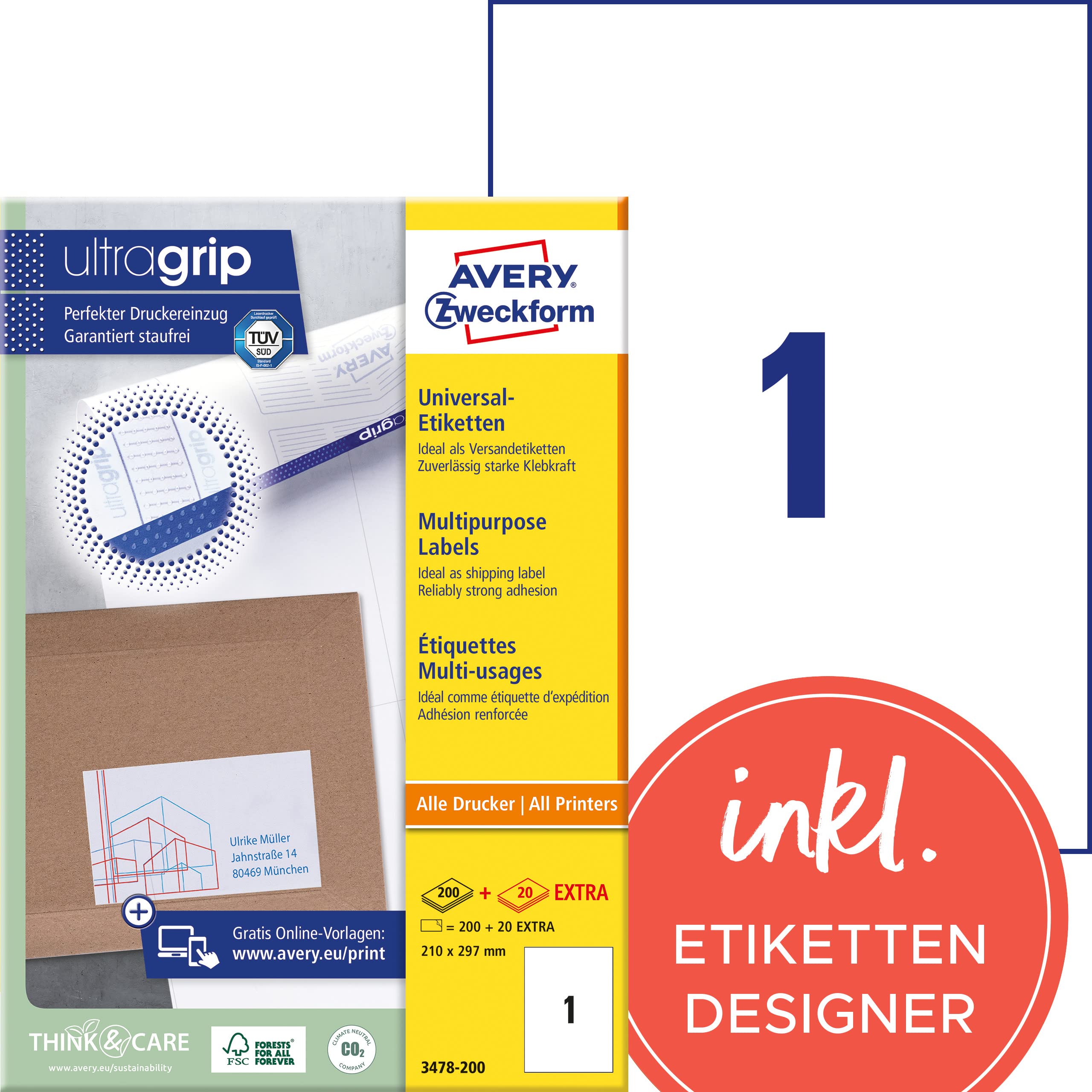 AVERY Zweckform 3478-200 Universal Etiketten (200 plus 20 Klebeetiketten extra, 210x297mm auf A4, bedruckbare Versandetiketten, selbstklebende Versandaufkleber mit ultragrip) 220 Blatt, weiß