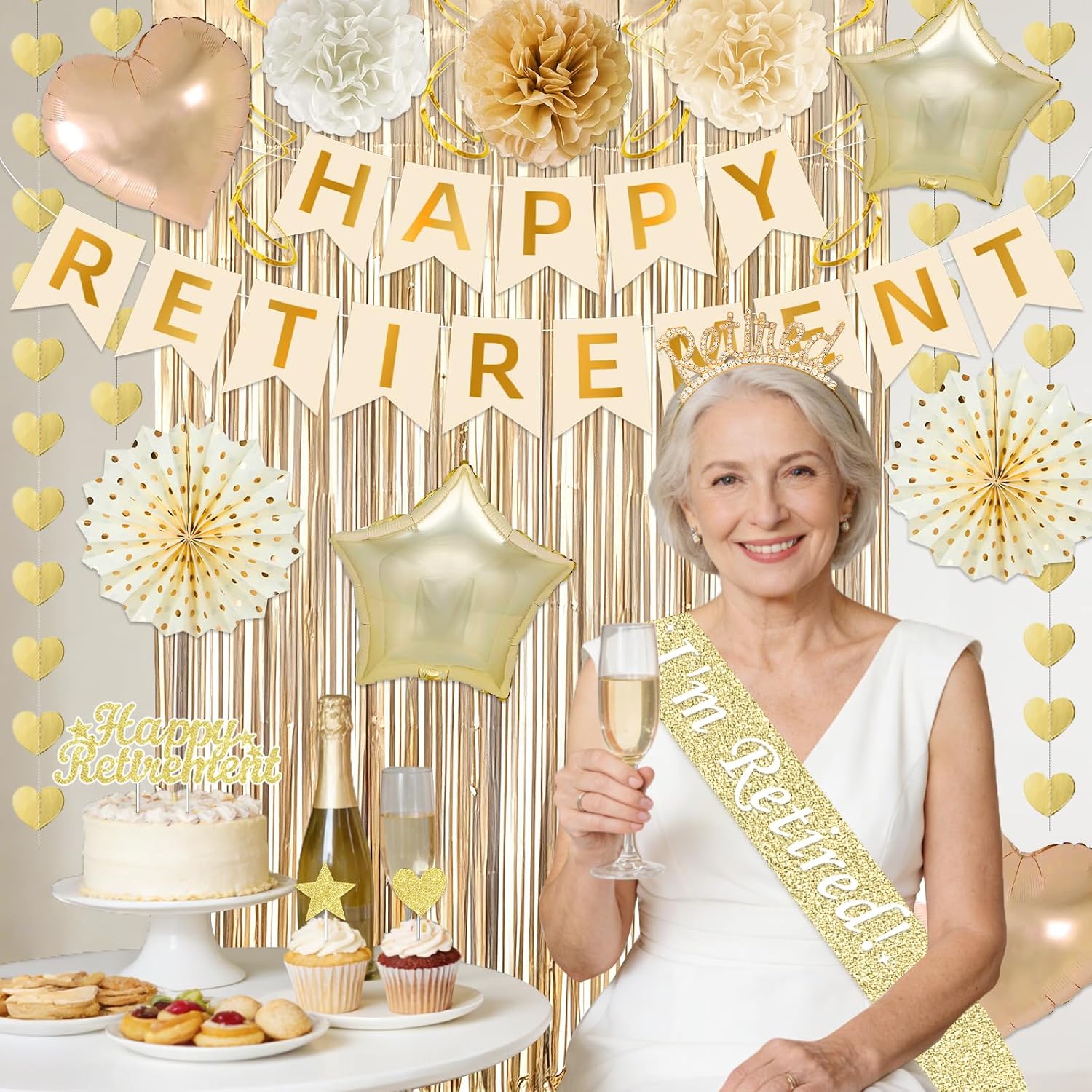 Retirement Party Decorations Supplies Set, Champagne Gold Retirement Decorations Happy Retirement Banner Hanging Swirls Balloon Sash Happy Retirement Party Decor Supplies for Office Coworker Farewell image 4