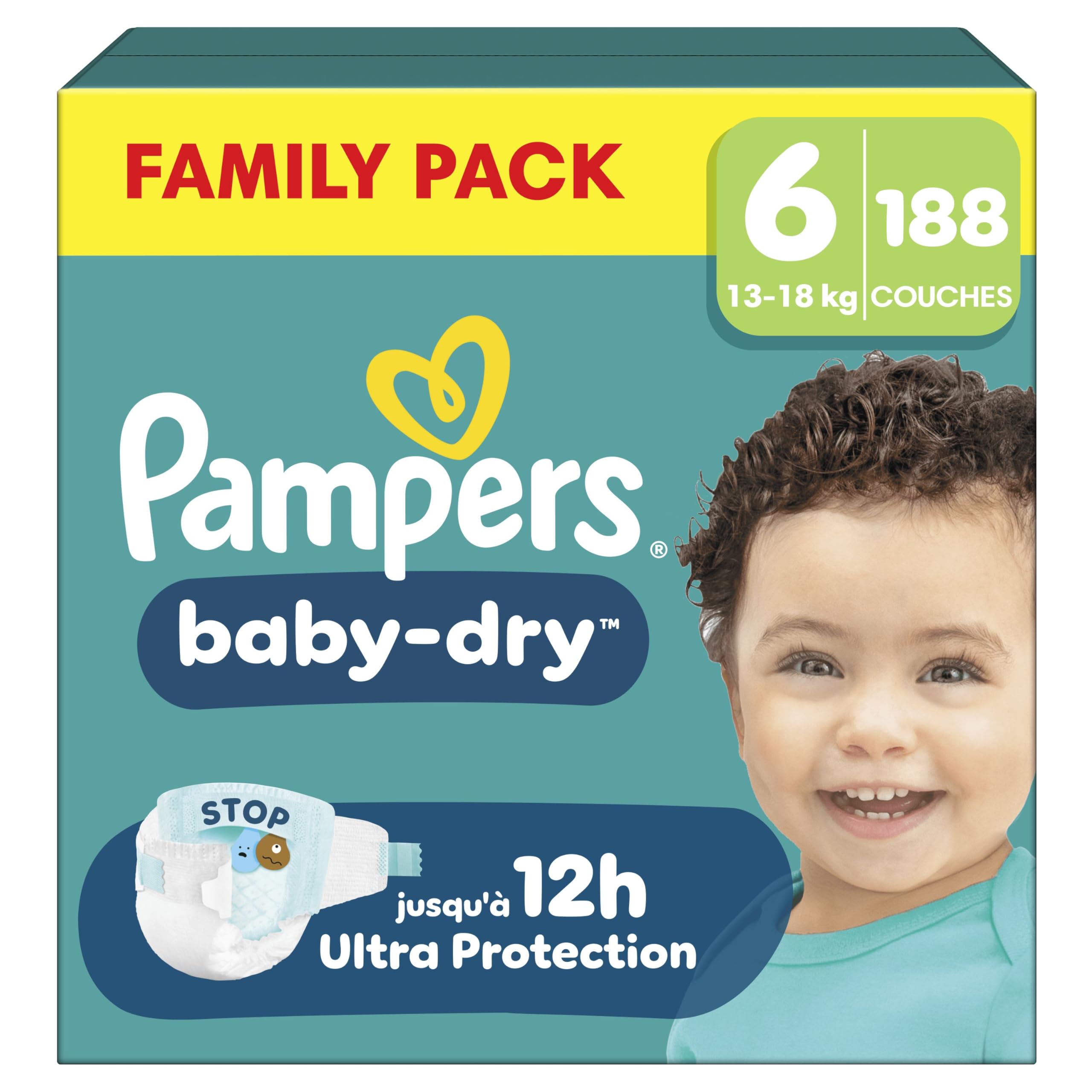 Pampers Baby-Dry Taille 6, 188 Couches, 13kg-18kg, Une Nuit Confortable Jusqu’À 100% Sans Fuites, Family Pack | 13kg-18kg. Avec Une Poche Stop & Protect À L’Arrière De La Couche Pour Une Nuit Jusqu'À 100% Sans Fuites. Family Pack.