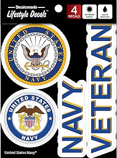 US Navy Veteran Car Decals - Set of 4 Window Stickers Navy Logo Military Veteran Vinyl Decal for Truck Bumper Water Bottle Laptop Vehicles