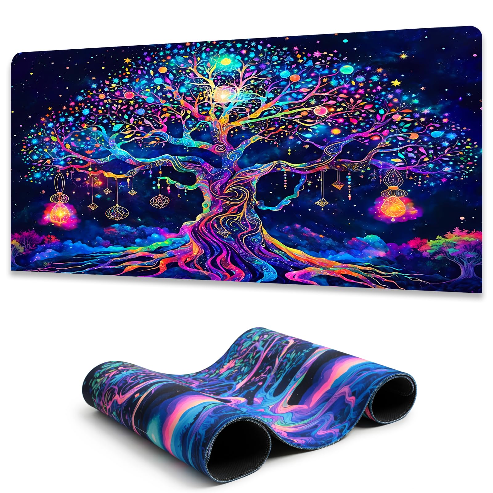 Manicer Colorful Tree of Life Mouse Pad, Blacklight Gaming Extended Large Desk Pad, UV Reactive Waterproof Long Keyboard Big Mouse Mat with 3mm Non-Slip Rubber Base for Office Home - 31.5" x 11.8"