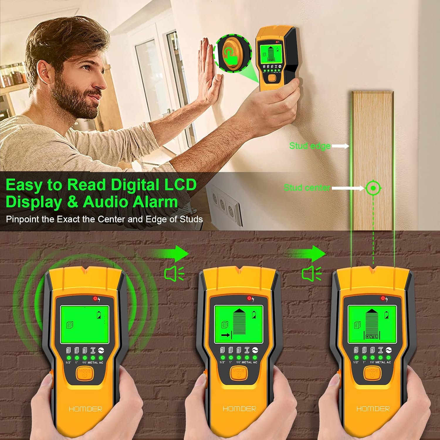 Stud Finder Wall Scanner 5 in 1 Upgraded Electronic Wall Scanner with Battery for Wood Metal and AC Wire Detection,HD LCD Display and Audio Alarm (Orange)