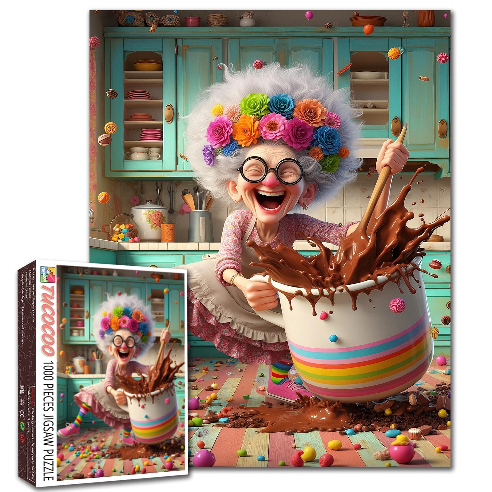 Granny Baking Jigsaw Puzzles for Adults Colorful Kitchen Chaos 1000 Pieces Puzzles for Challenging Family Activity Games Chocolate Splash Art Jigsaw Puzzle DIY Craft Puzzles Home Decor 20x27 Inches — image 1