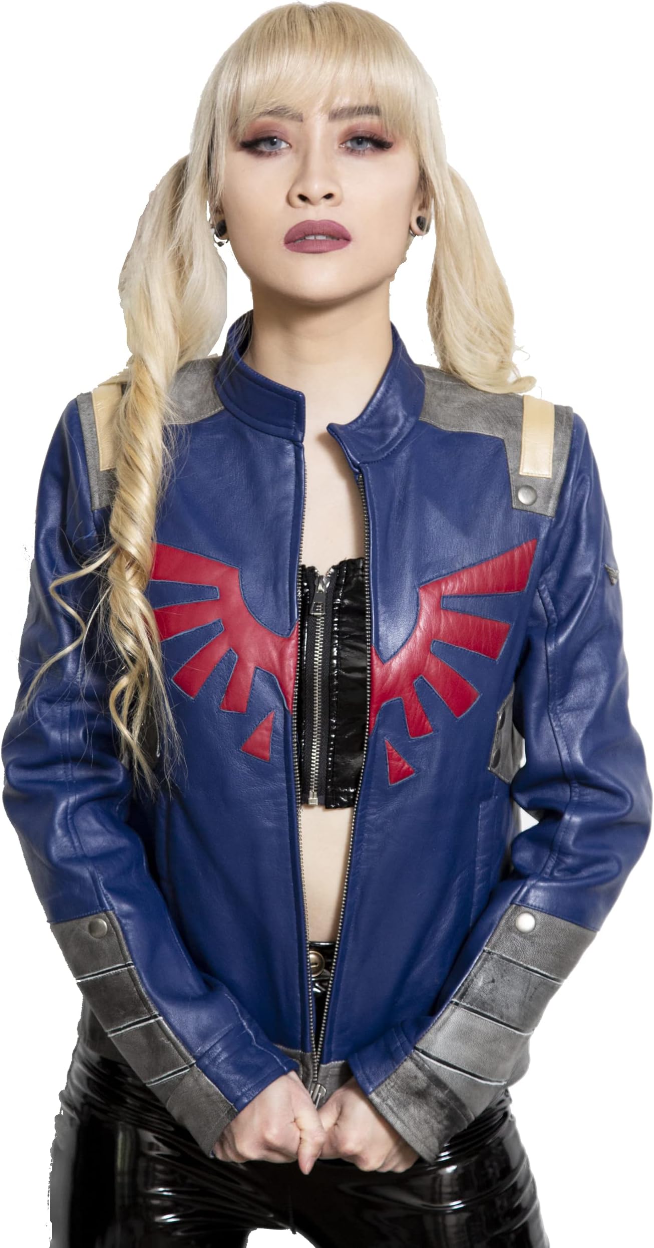 Womens Legendary Hylian Shield Edition Blue Leather Jacket (as1, alpha, m, regular, regular, Genuine Sheepskin Leather, Medium)