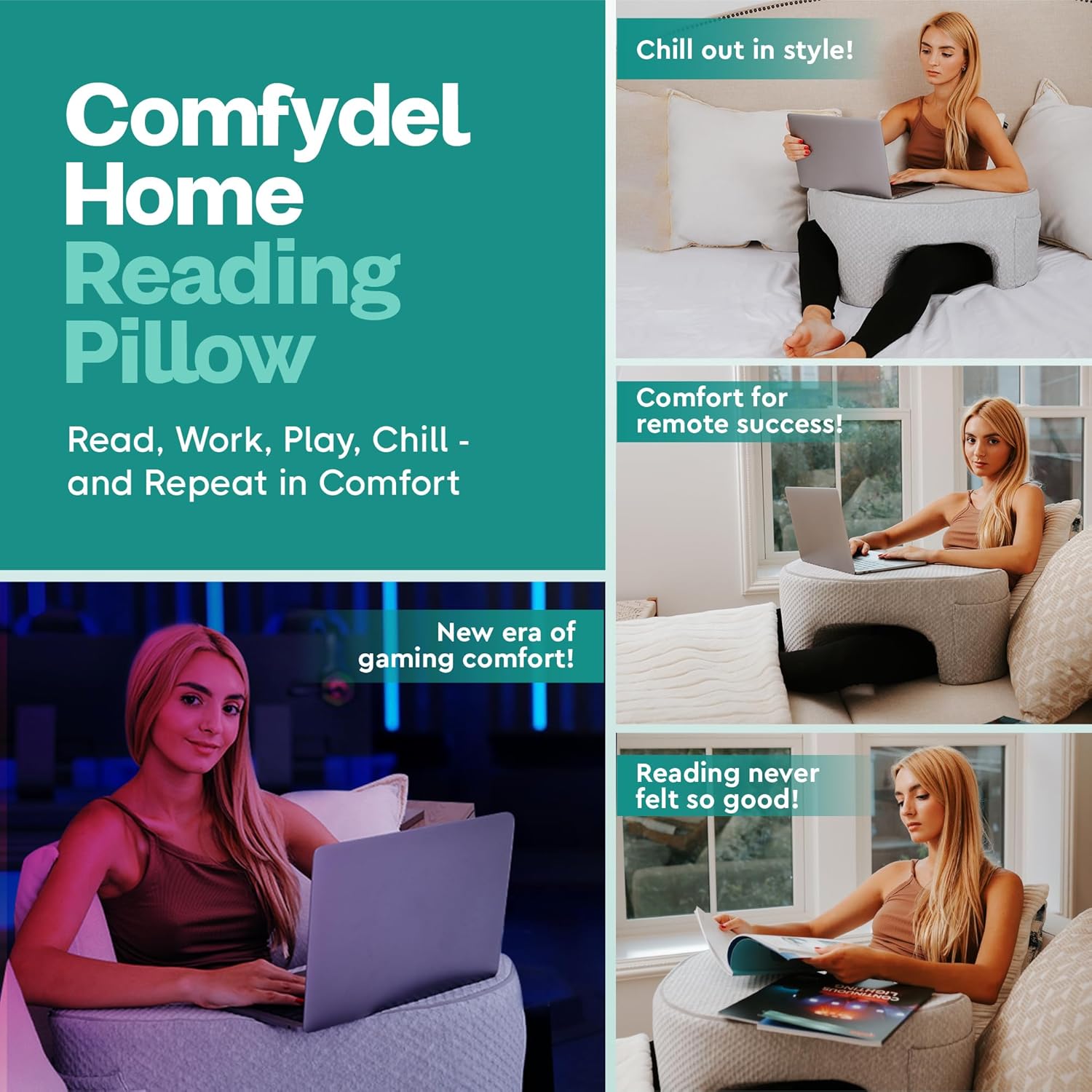 Memory Foam Reading Pillow with Arm Rests & Pocket | Lap Desk for Laptop, Reading and Relaxing on Bed, Couch, or Floor, Armrest and Gaming Pillow – Ideal for Ultimate Comfort and Support