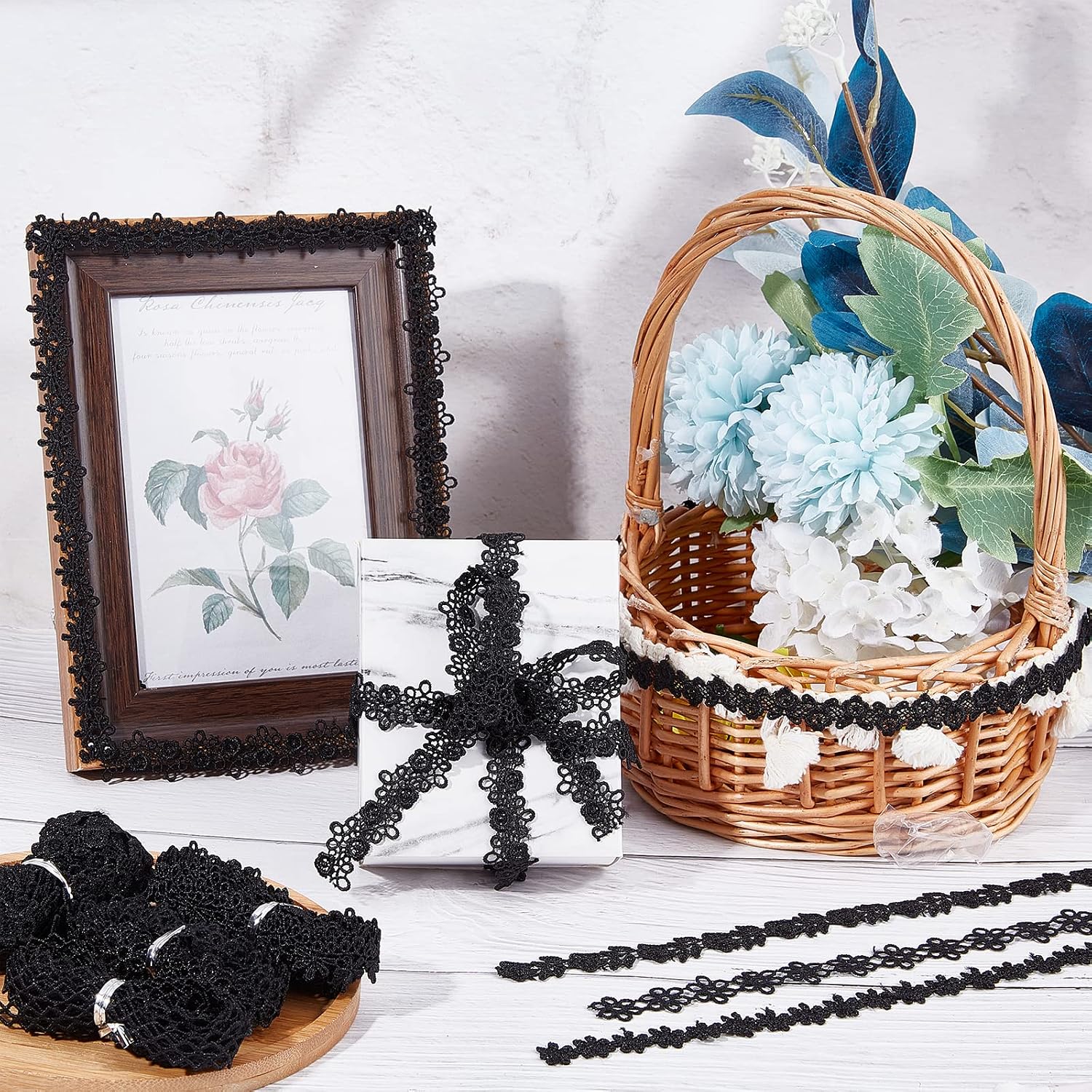PH Pandahall 28 Yards 10 Rolls Black Lace Trim, 3/8~3/4 Inch Floral Lace Ribbon Crochet Floral Lace Fabric Vintage Lace Trim for DIY Crafts Dreamcatchers Sewing Gift Wrap Wedding Decoration