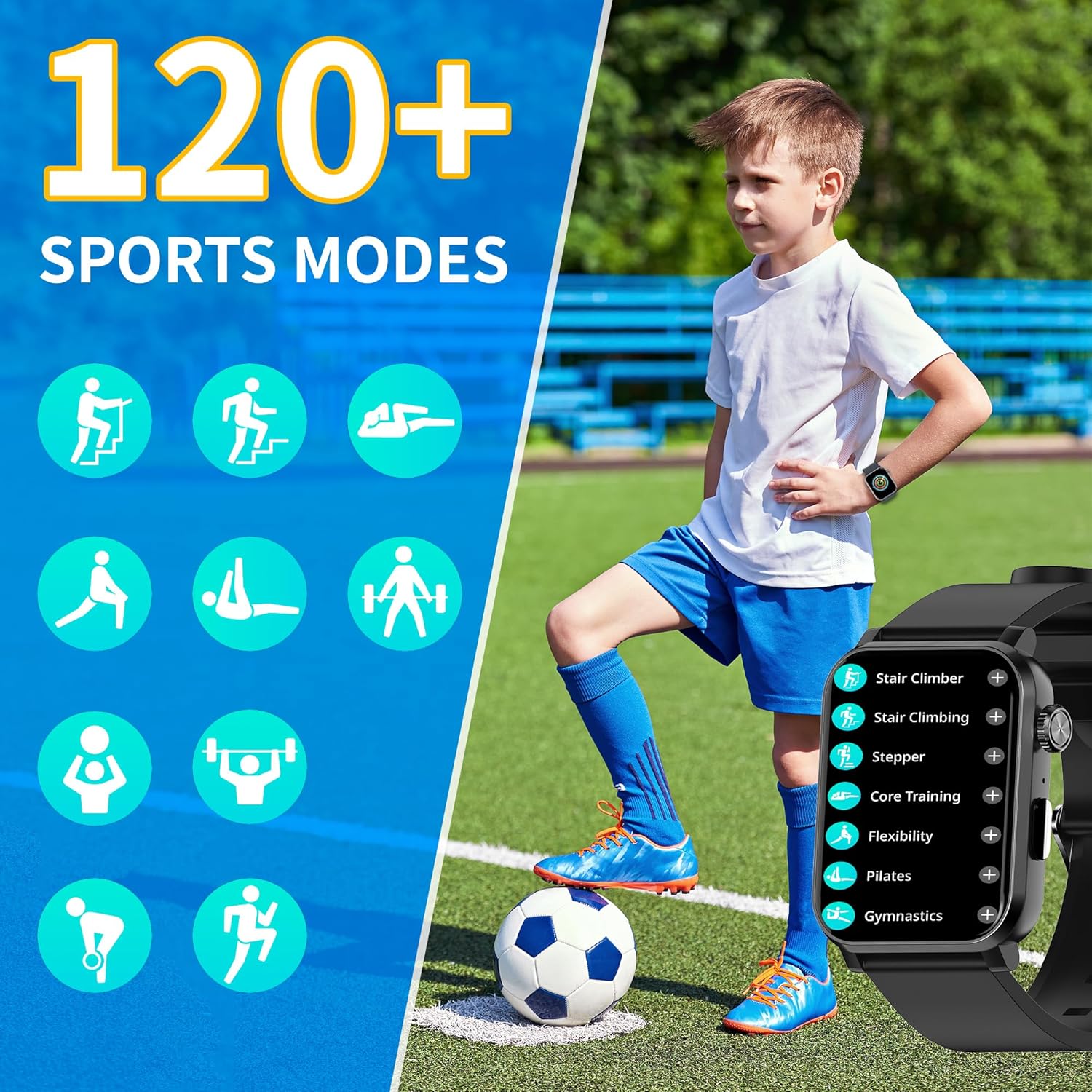 EZON S7 Smart Watch displaying various sports modes, with a child playing soccer.