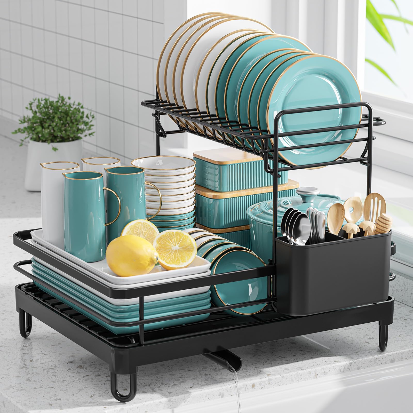 Sakugi Dish Drying Rack - X-Large Stainless Steel Dish Rack for Kitchen Counter, 2-Tier Kitchen Organizers and Storage for Dishes, Bowls, Cutlery, Black