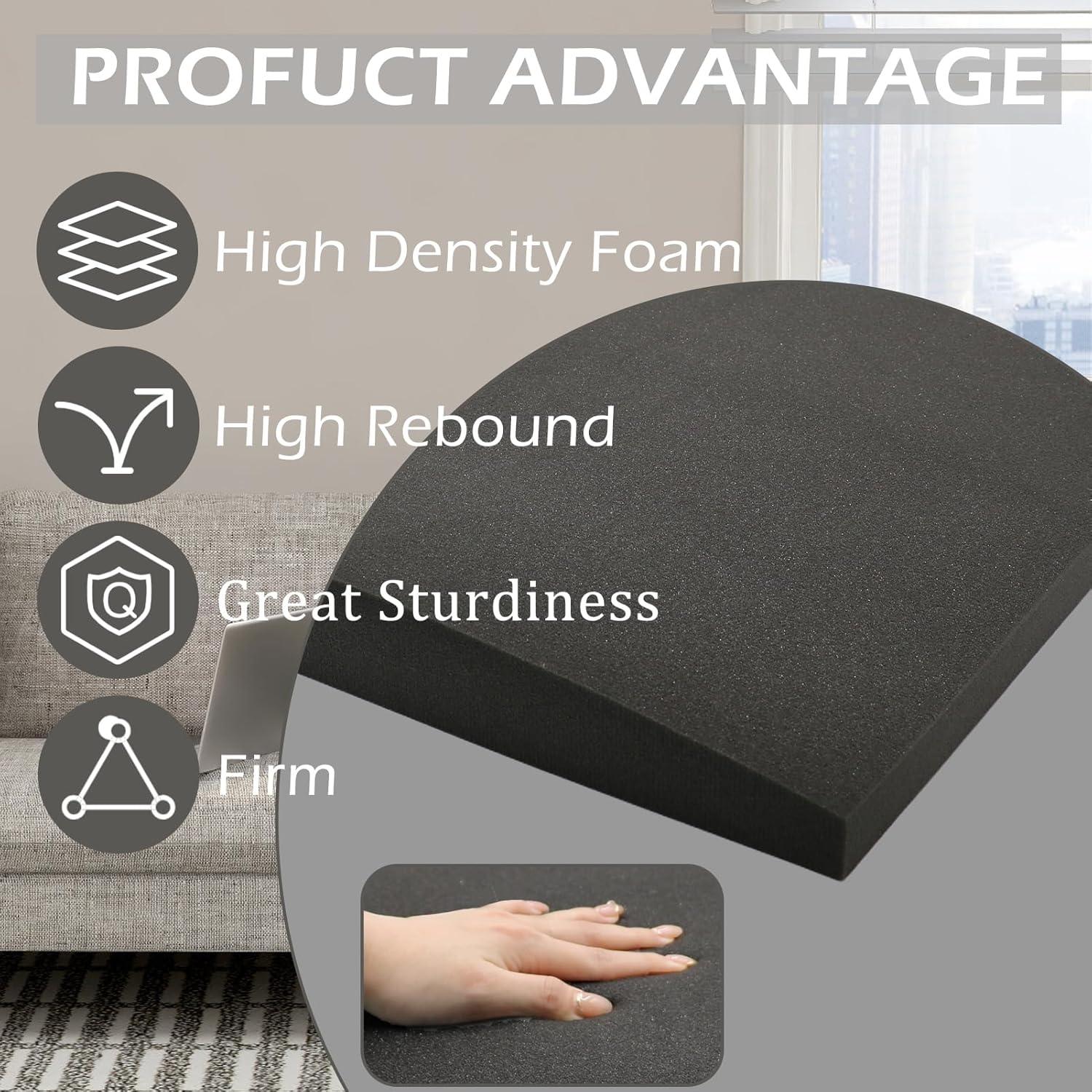 Couch Cushions Support for Sagging Seat, 45D High Density Foam Curved Sofa Furniture Seat Cushion Under Sag Repair for Sectional Loveseat Chair, Set of 3, White, 22" x 22" x 2.4"