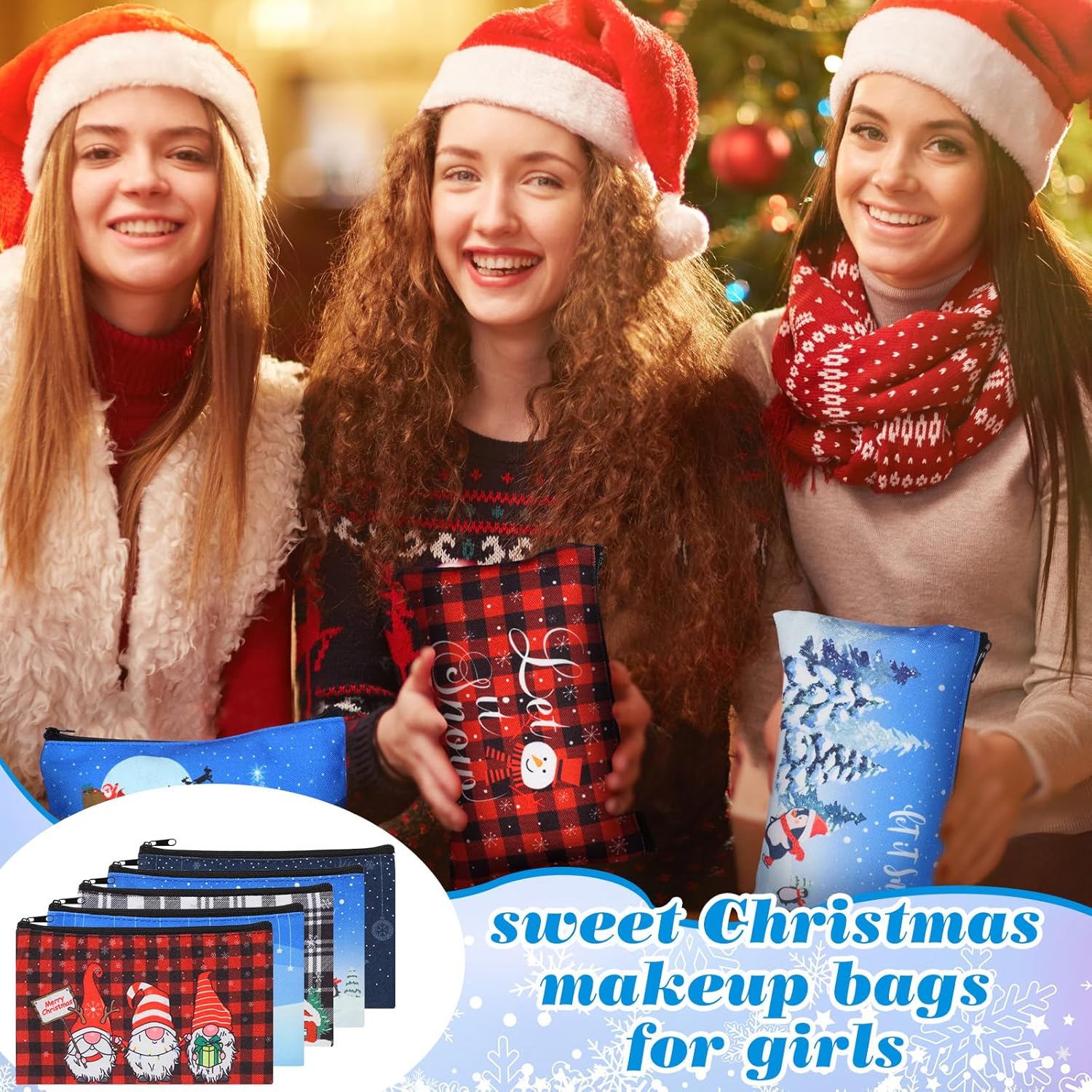 Abbylike 36 Pcs Christmas Makeup Bags Bulk Gifts Plaid Cosmetics Santa Gnomes Elk Snowman Xmas Purse Double Sided Goodie Bags for Women Travel Holiday Present,18 Styles (Christmas)