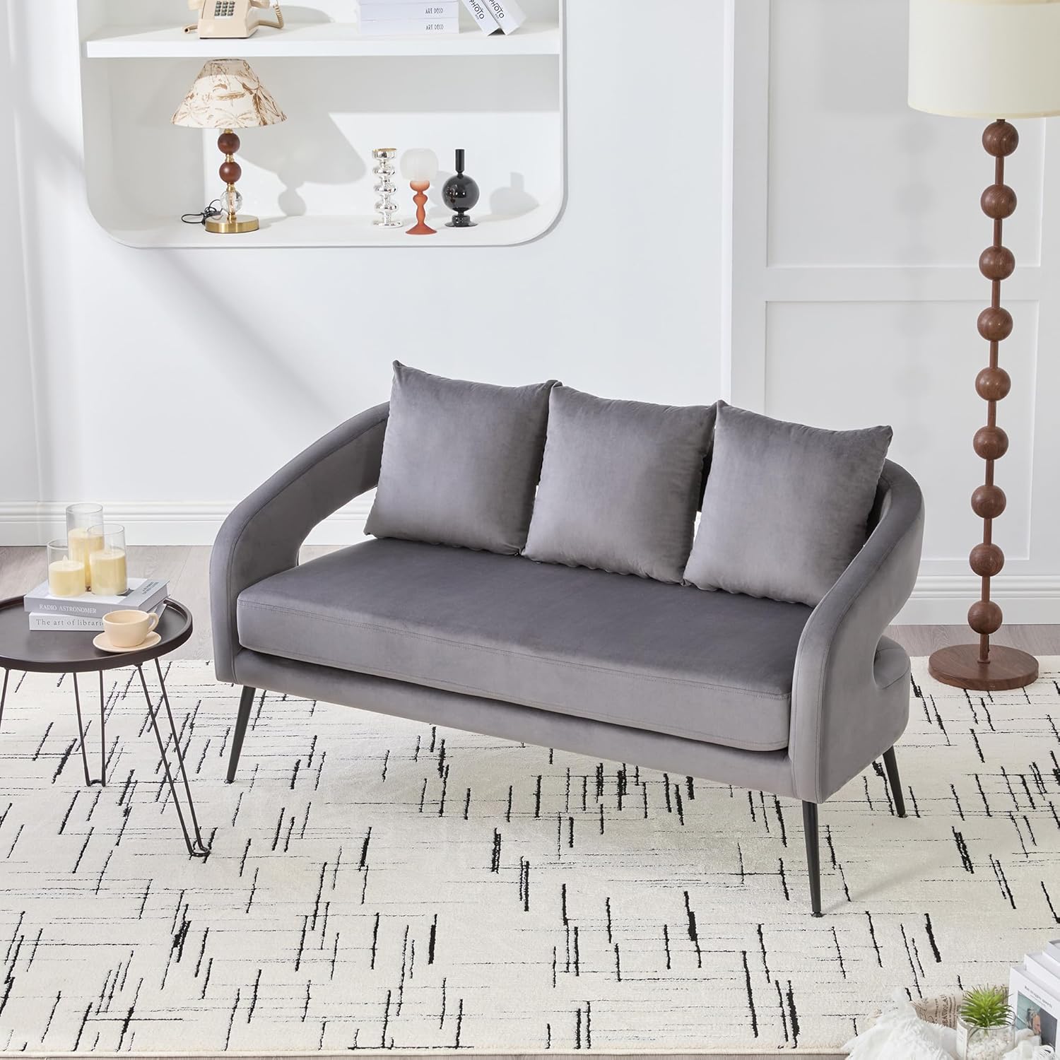 3-Piece Modern Minimalist Style Sofa Set with Metal Legs,Open Back Sofa Conversation Set,Loveseat Couch & 2 Accent Chair for Living Room,Bedroom,Office,Reception,Charcoal