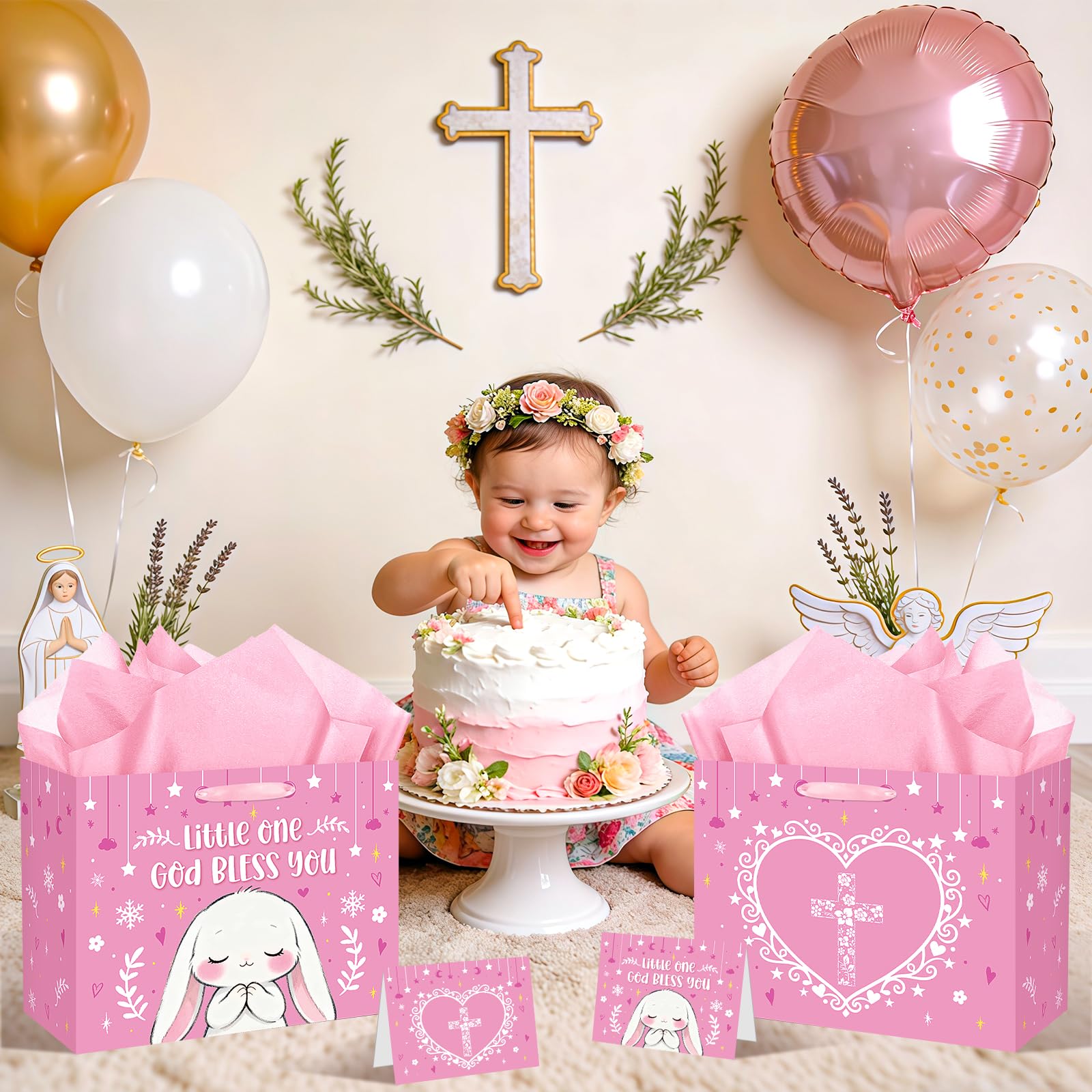 Large Baptism Gift Bags for Girls, Bunny Pray Pink Christening Gift Cross Gift Bag with Tissue Paper Card Little One God Bless You Religious First Holy Communion Wrapping Paper for Baby Girl Baptisms
