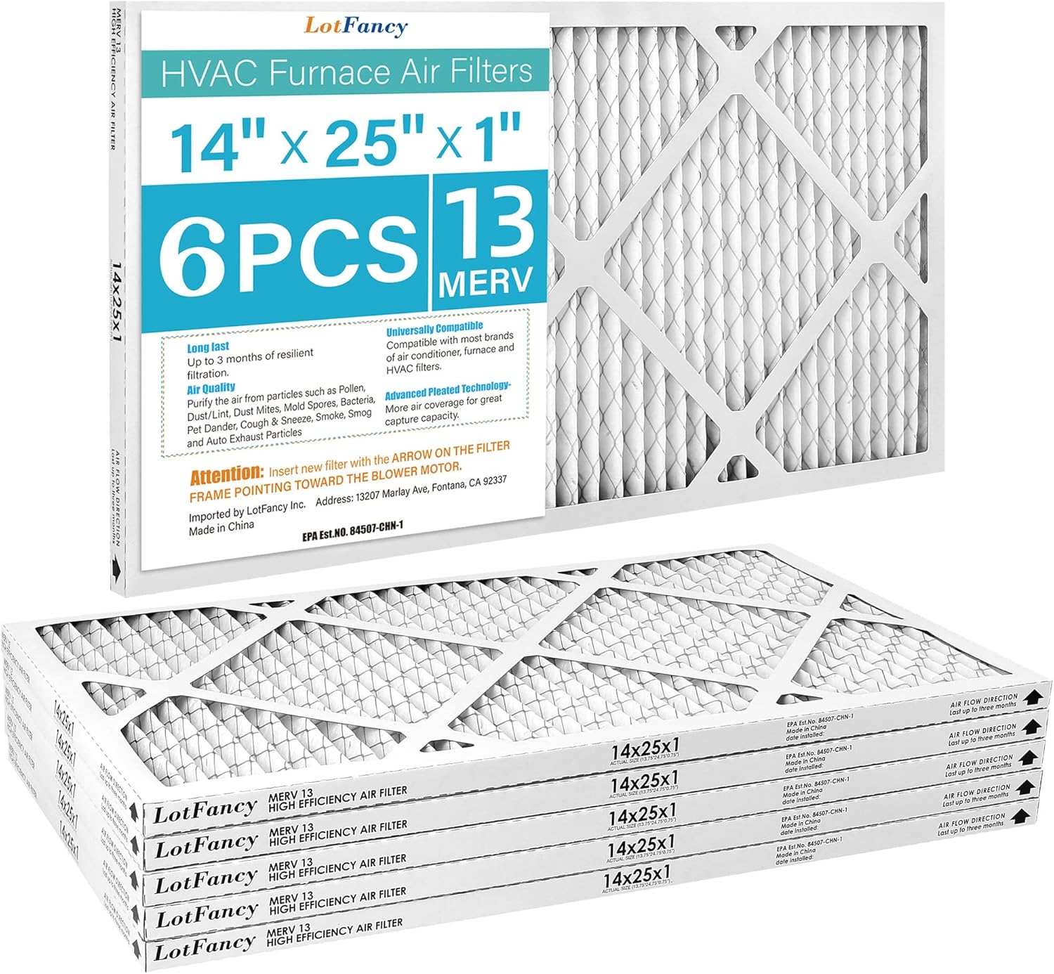LotFancy 14x25x1 Air Filters, MERV 13 AC Furnace Filters, 6 Pack Pleated Air Conditioner HVAC